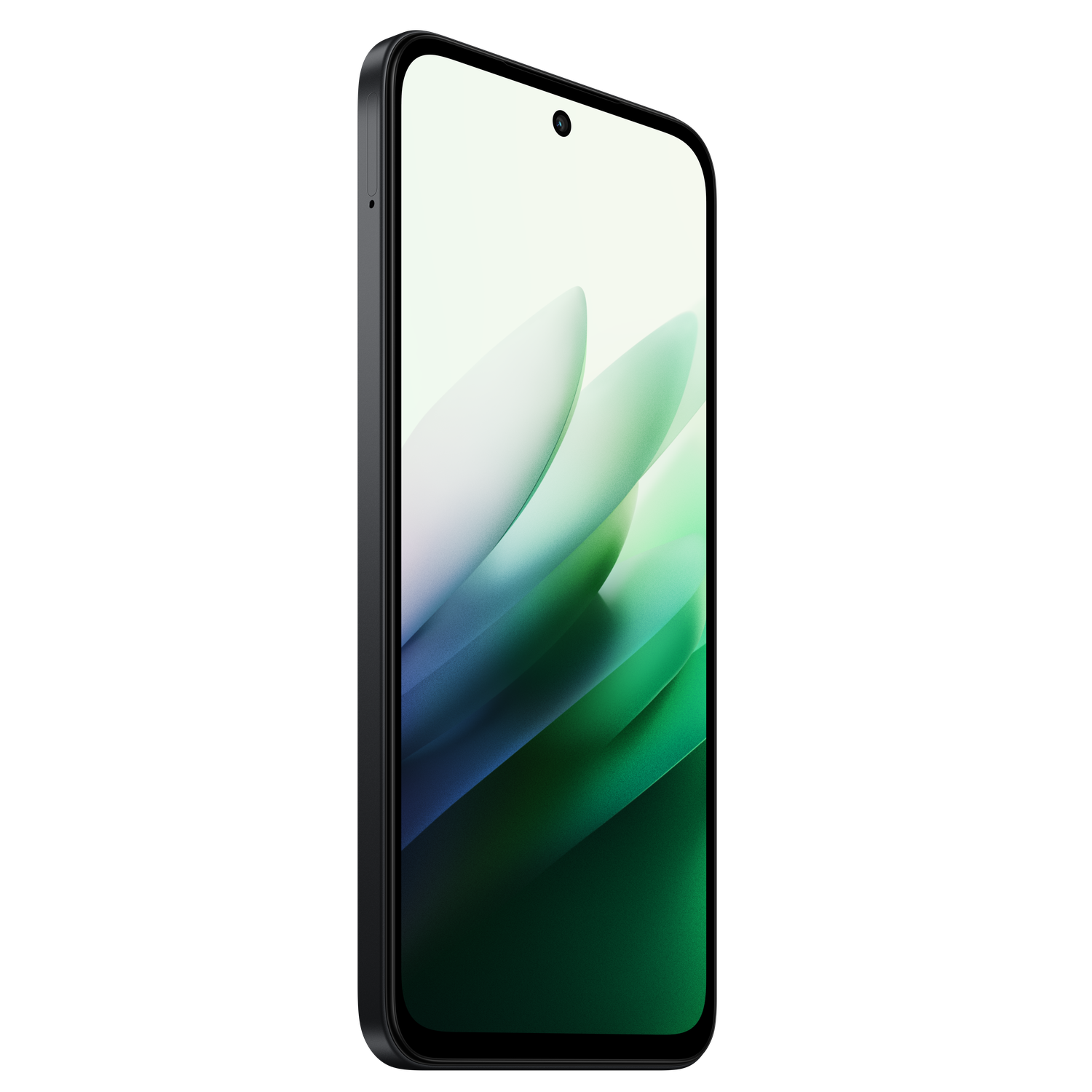 Een zwarte smartphone iets naar rechts gekanteld. Het scherm toont een groen en wit abstract ontwerp tegen een zwarte achtergrond.