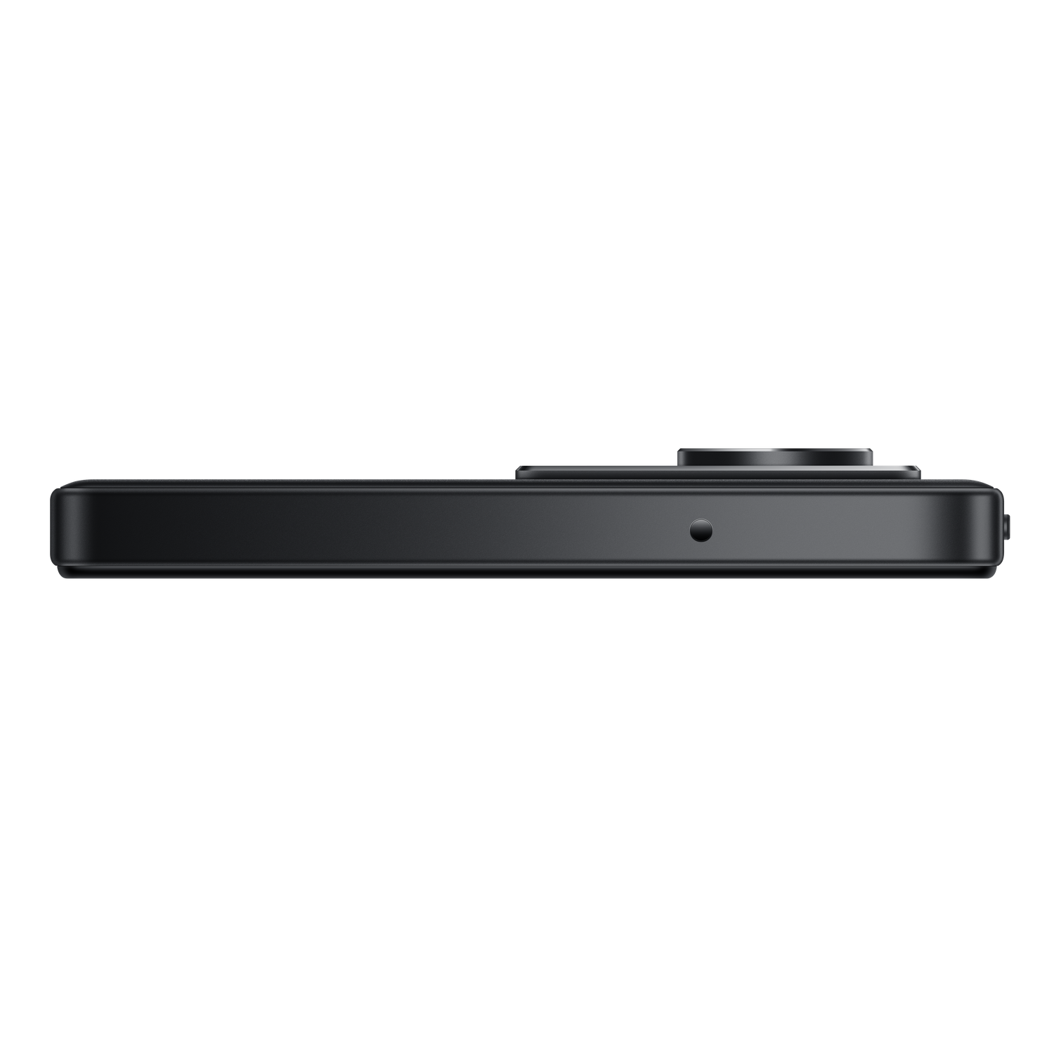 Zijaanzicht van een zwarte, rechthoekige smartphone. Toont de cameralens, een microfoongat en een aan/uit-knop op een zwarte achtergrond.