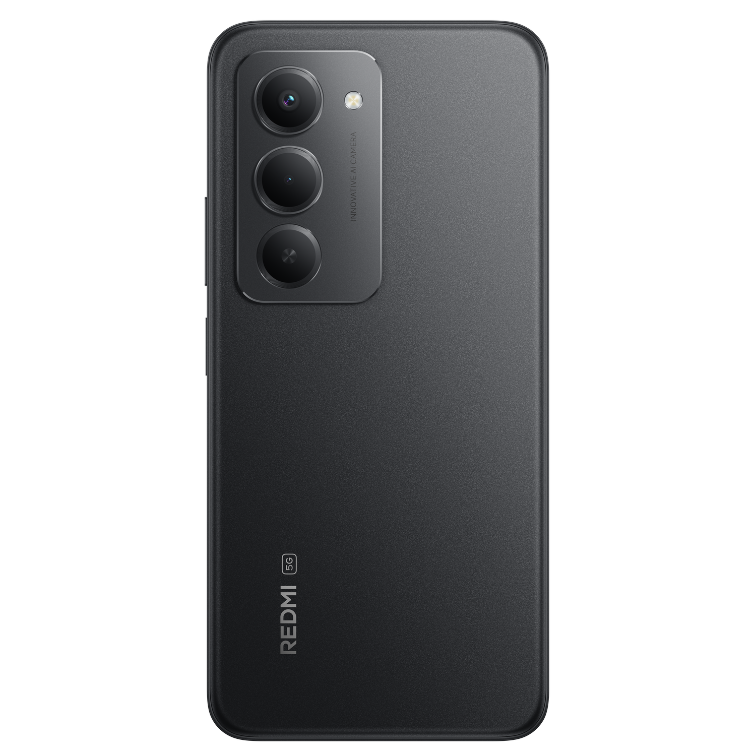 Zwarte smartphone achterkant met drievoudige camera en Redmi-logo. De telefoon heeft een getextureerd oppervlak. 5G wordt aangegeven.