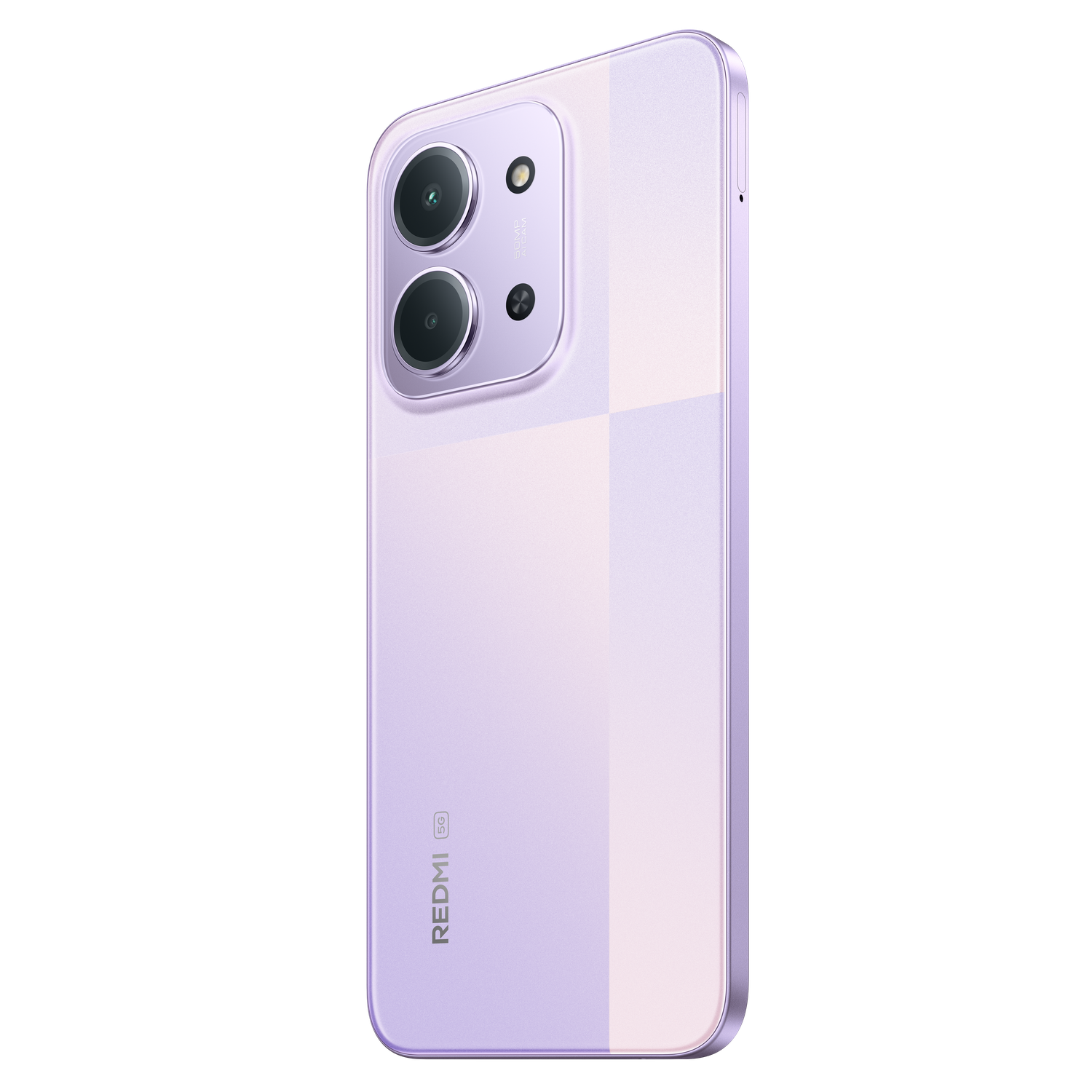 Een lavendelkleurige Redmi 5G-smartphone. Het heeft dubbele camera's aan de achterkant, een flitser en het Redmi-logo. De achtergrond is zwart.