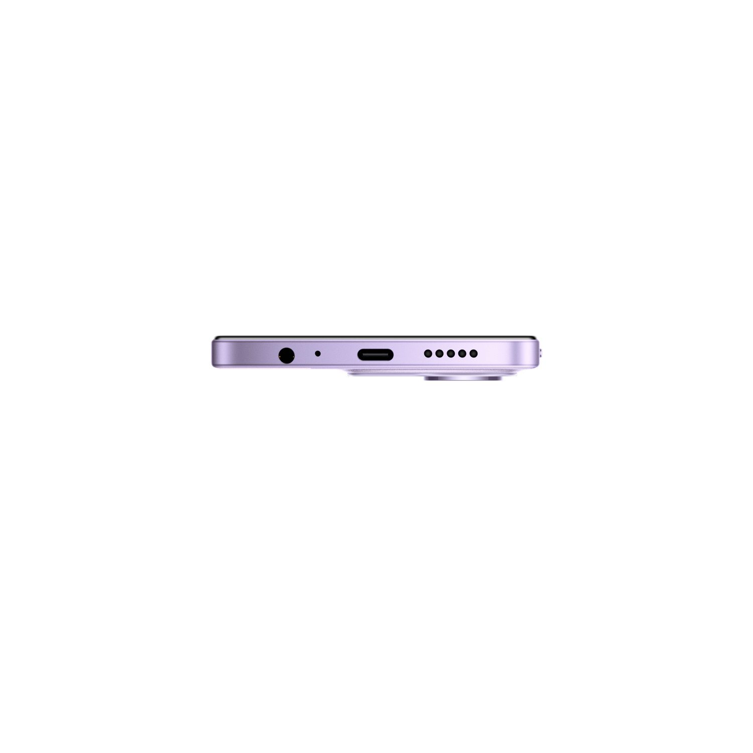 Zijaanzicht van een lichtpaarse smartphone, met een koptelefoonaansluiting, oplaadpoort en luidsprekergaten tegen een zwarte achtergrond.