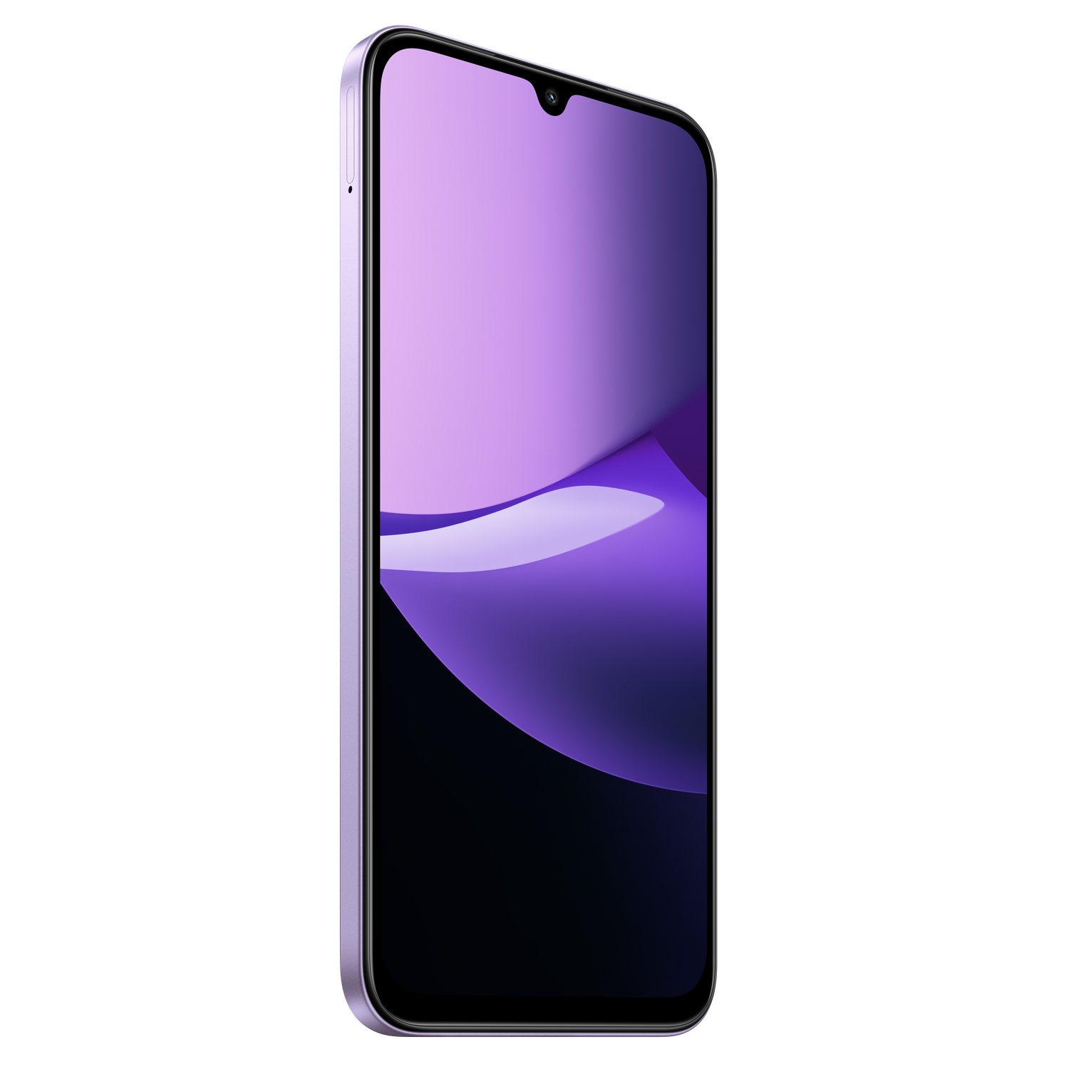 Een lila smartphone met een paars scherm toont een golfachtig ontwerp. De achtergrond is effen zwart.