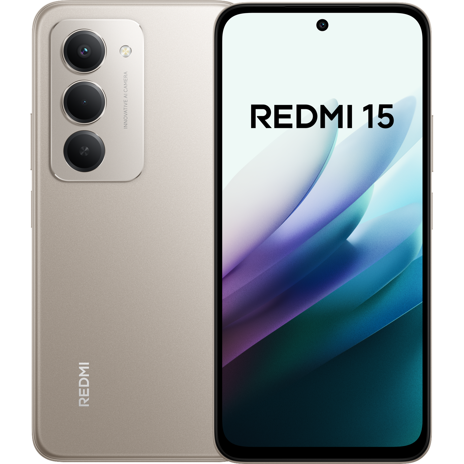 Een beige Redmi 15 smartphone met drie camera's aan de achterkant en het REDMI logo.