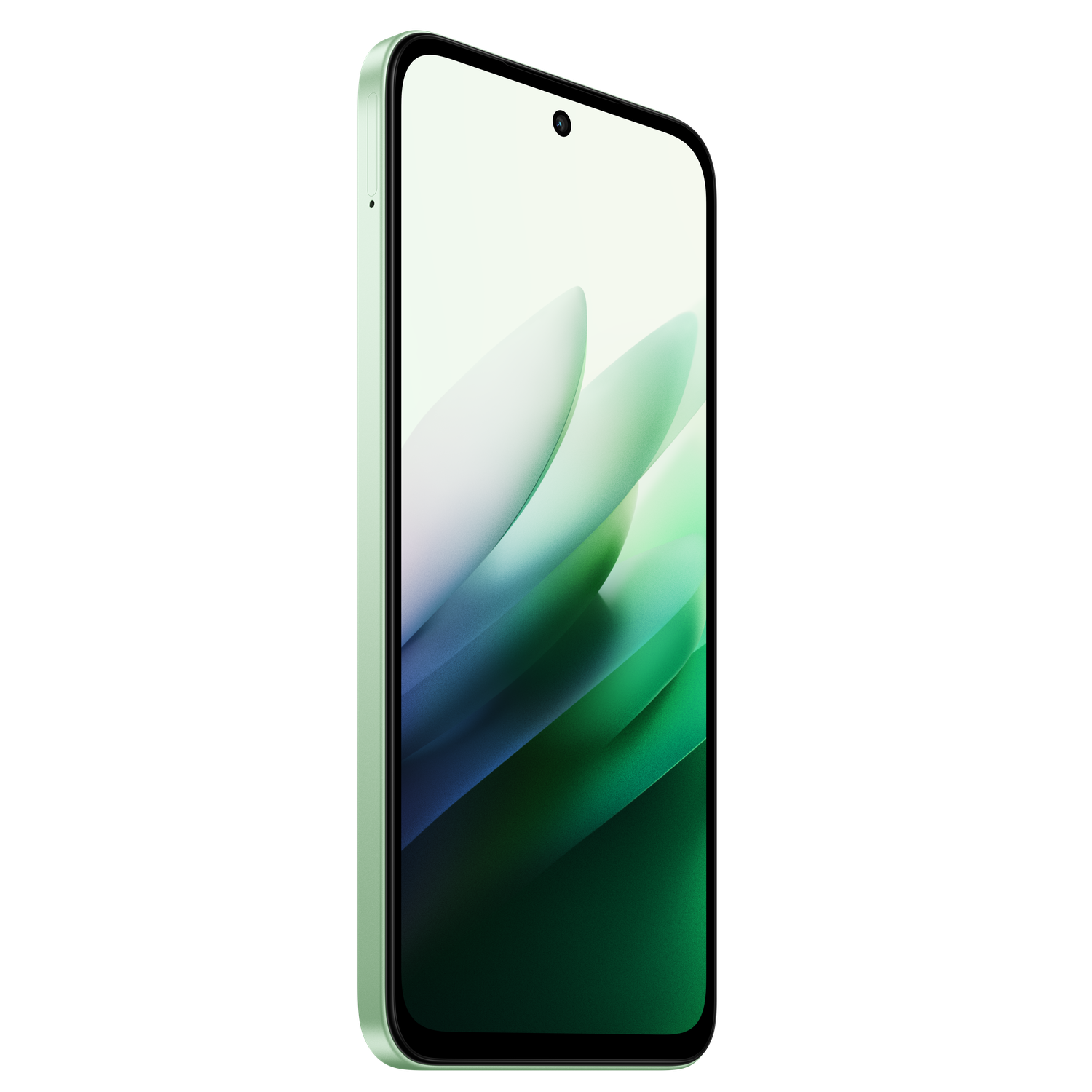 A mint green smartphone, angled view. The screen displays abstract green and white shapes. Black background.