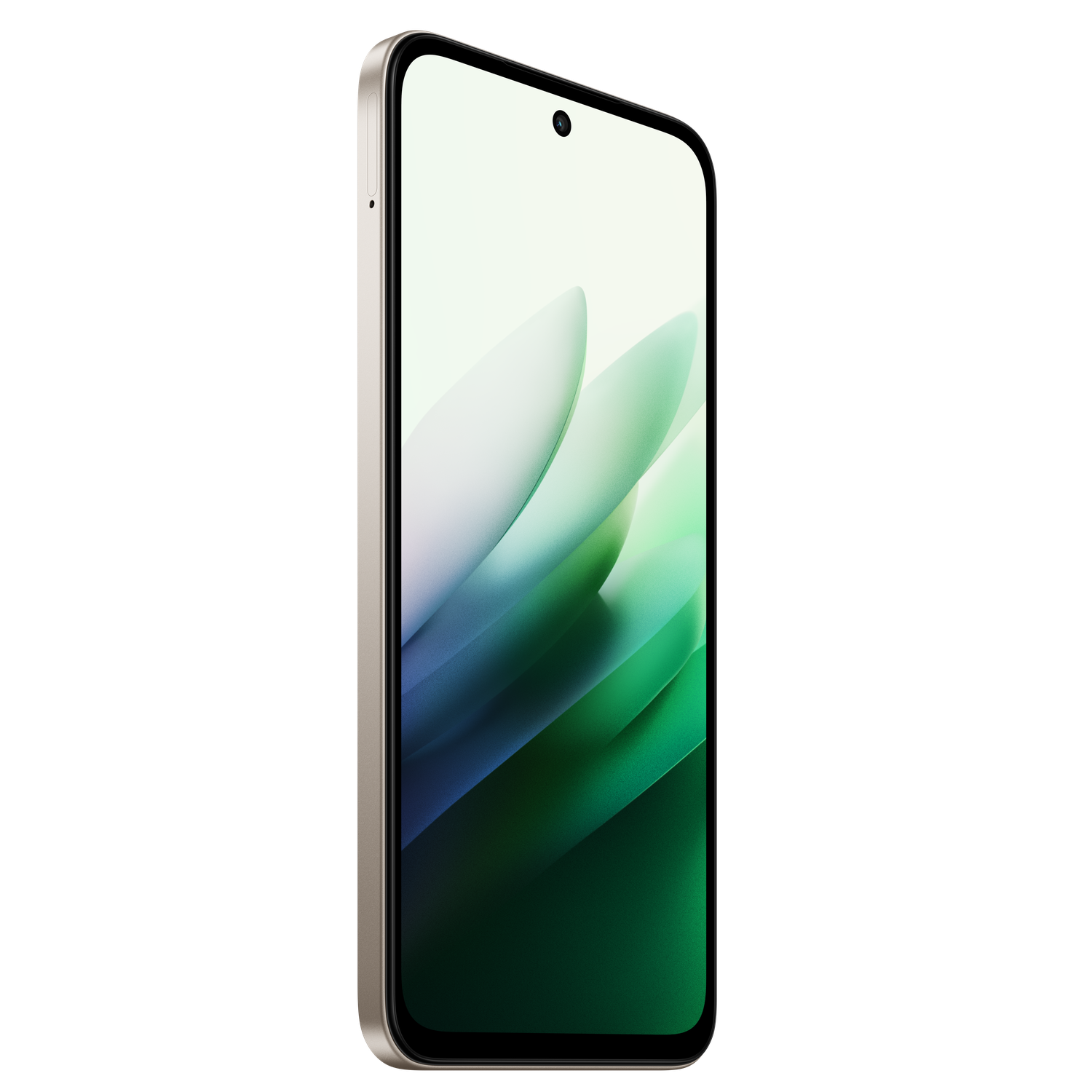 Een smartphone met een lichtgouden frame en een groen en wit abstract ontwerp op het scherm, tegen een zwarte achtergrond.