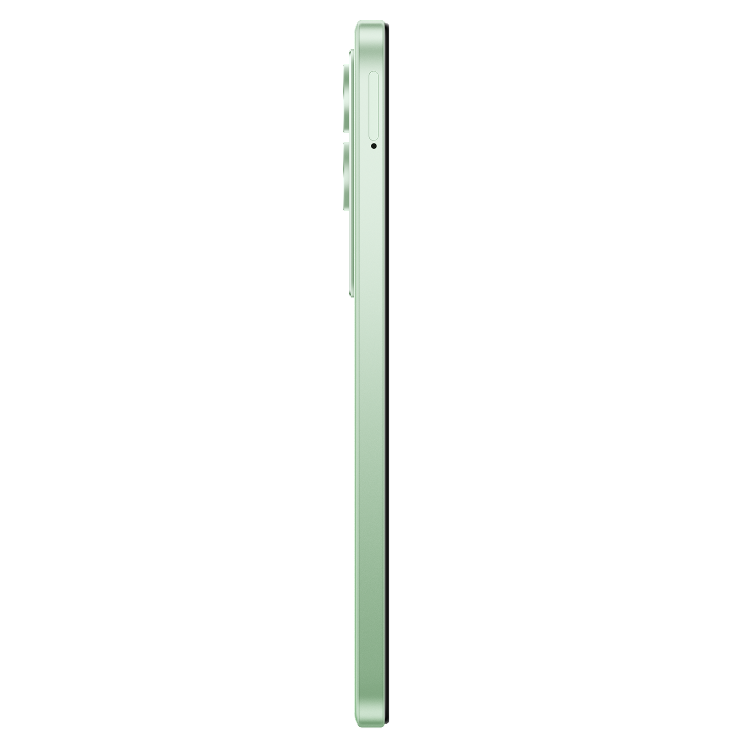 Side view of a light green smartphone. Buttons and camera lenses are visible. Black background.