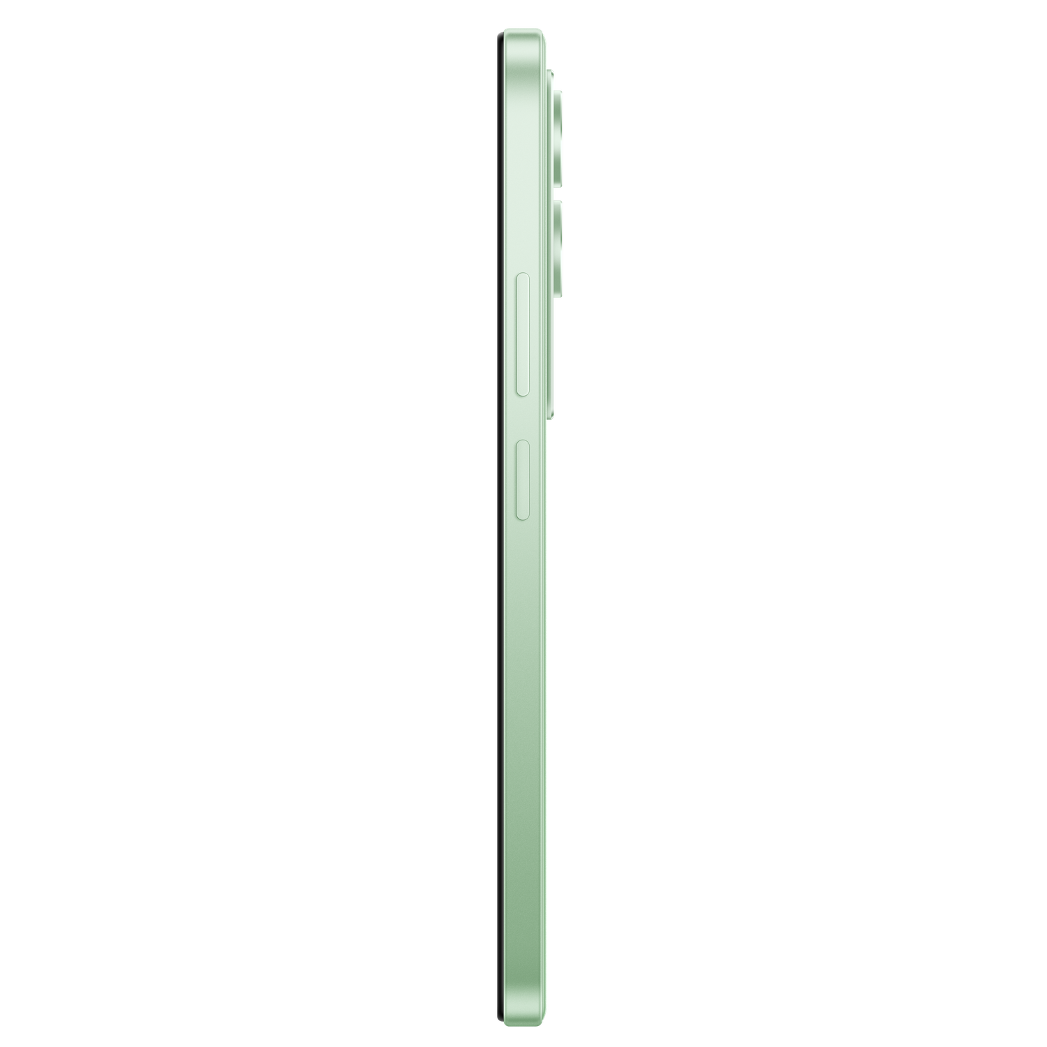 Side view of a light green smartphone. The phone is vertical with buttons and a camera array visible. Black background.