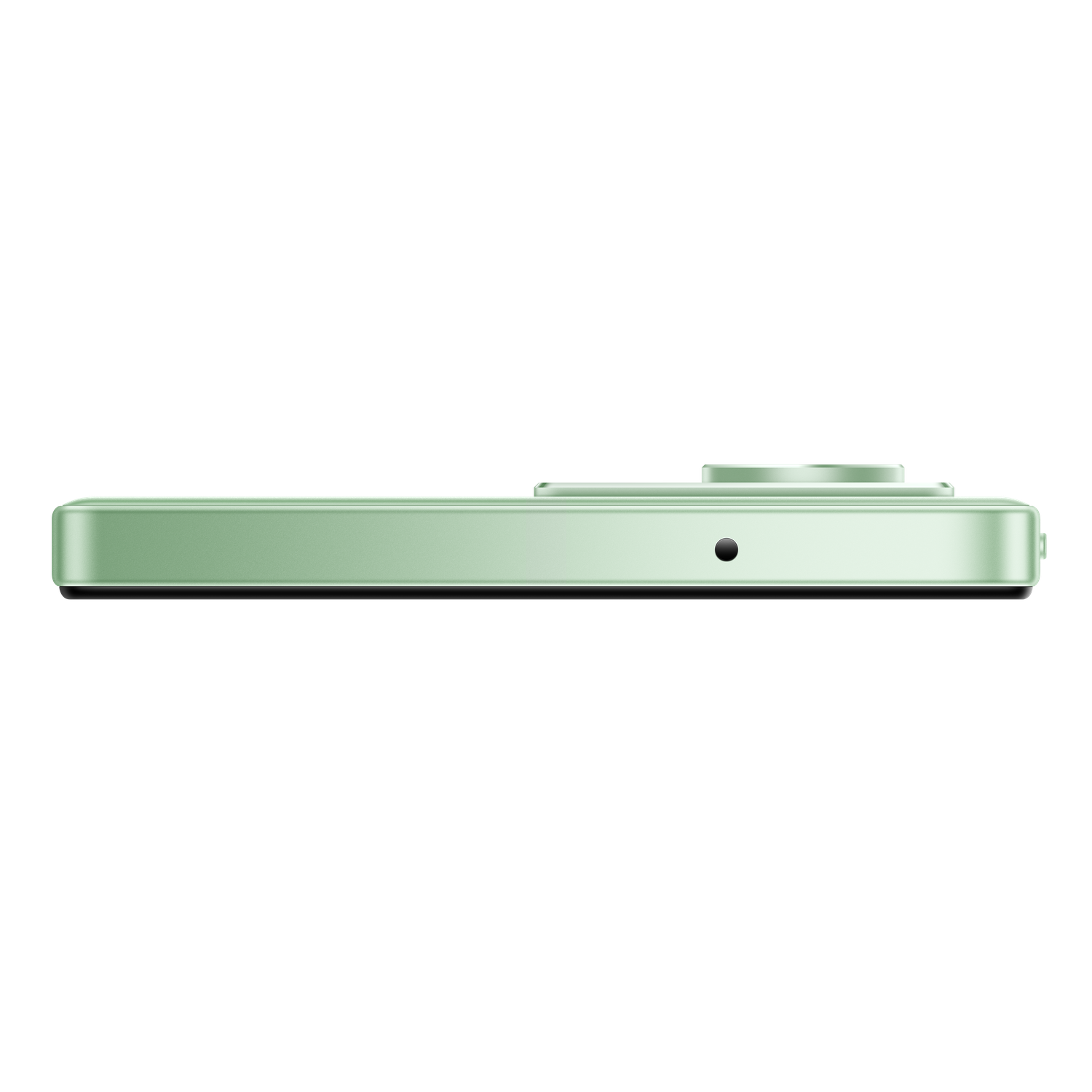 Side view of a light green smartphone. It has a black dot, a camera, and a black background. The phone is horizontal.