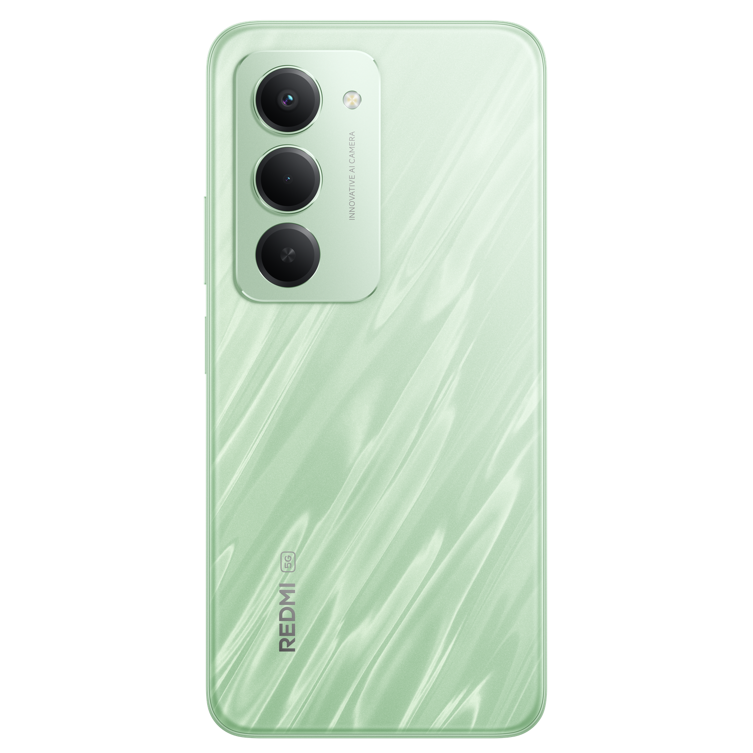 A light green Redmi 5G phone back. It has three cameras, a flash, and the Redmi logo. The surface has a textured pattern.