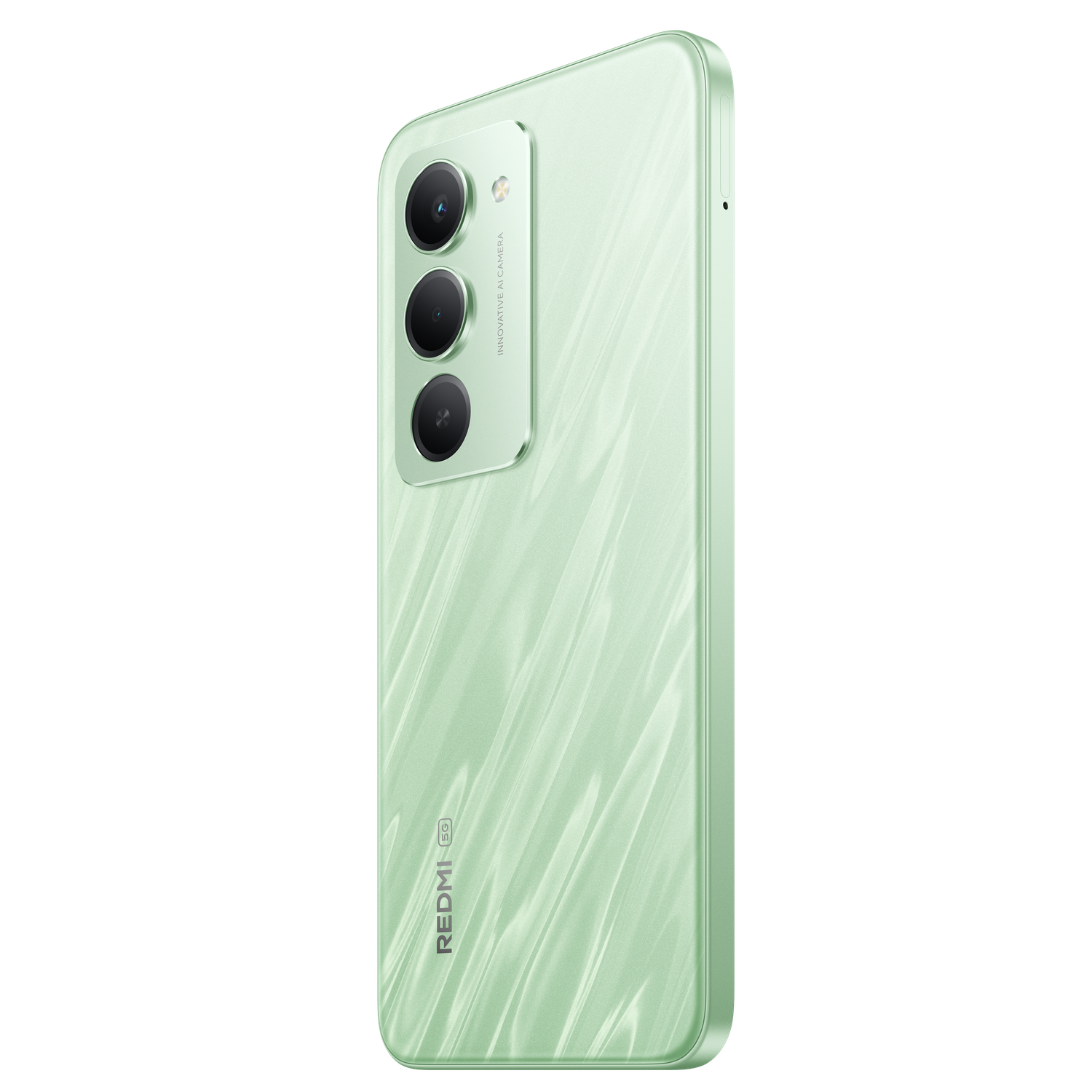 A light green smartphone with three cameras is shown. The Redmi logo is visible. The phone is on a black background.