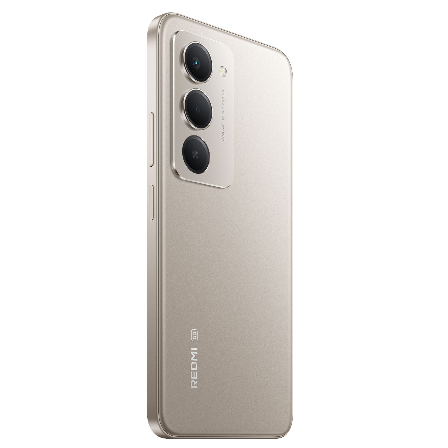Een gouden Redmi 5G-telefoon. Hij heeft drie cameralenzen en het Redmi-logo is zichtbaar. De achtergrond is zwart.