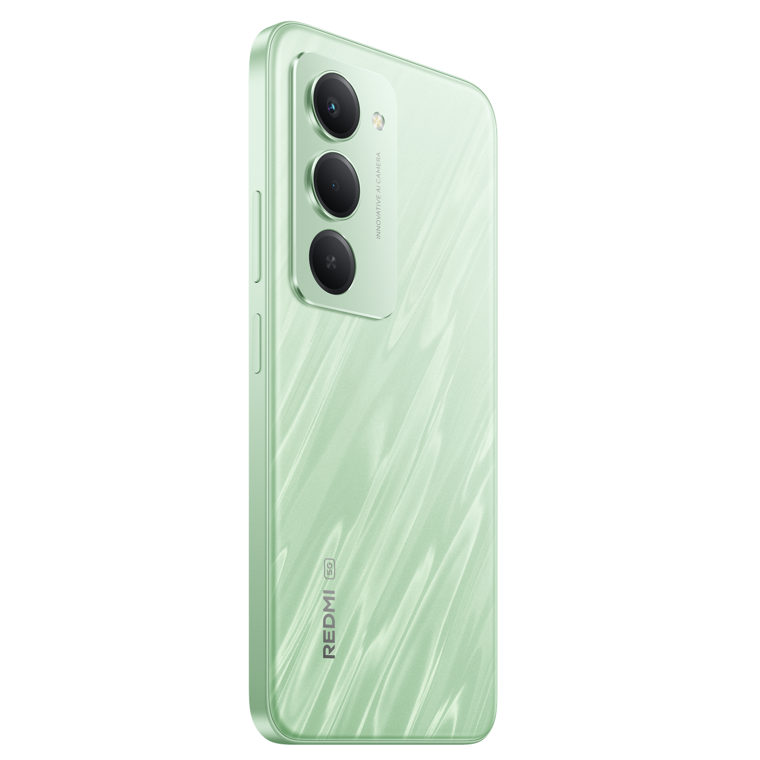A light green smartphone with three camera lenses. It has the Redmi logo and 5G marking on the back, on a black background.