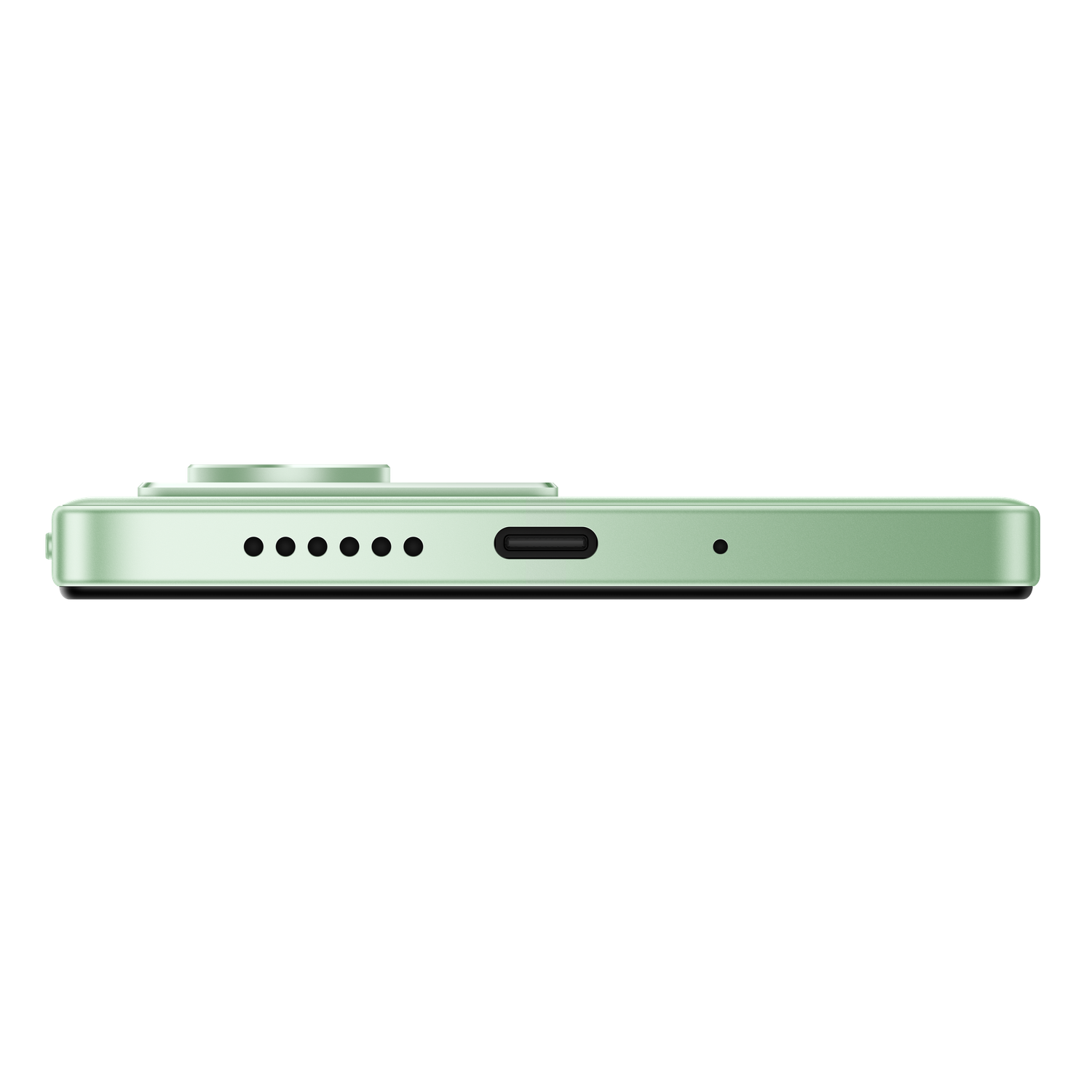 A light green smartphone side view. Visible features include a charging port, microphone, speaker holes, and a camera bump.