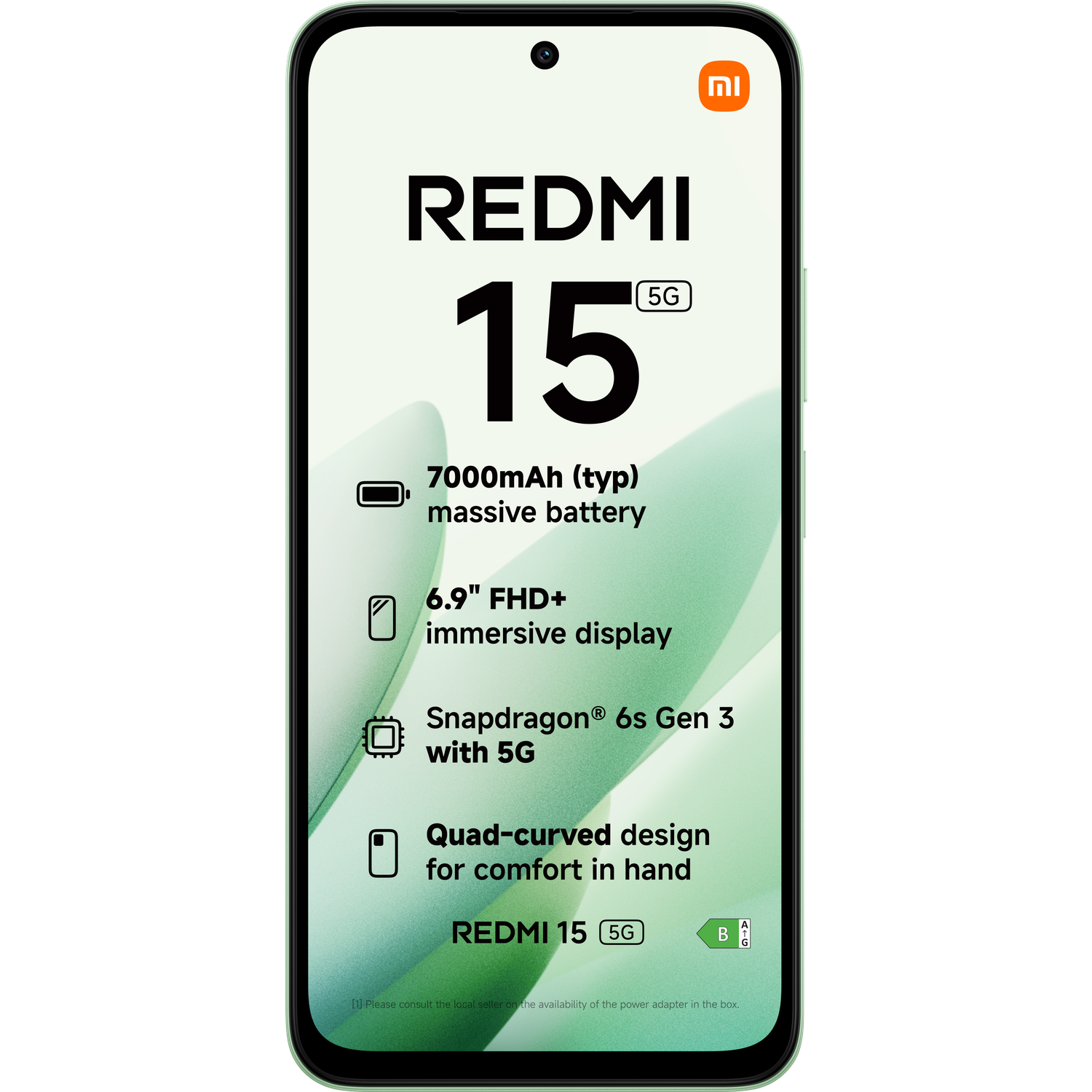 A Redmi 15 5G phone displays specifications: 7000mAh battery, 6.9" FHD+ display, Snapdragon 6s Gen 3, and quad-curved design.