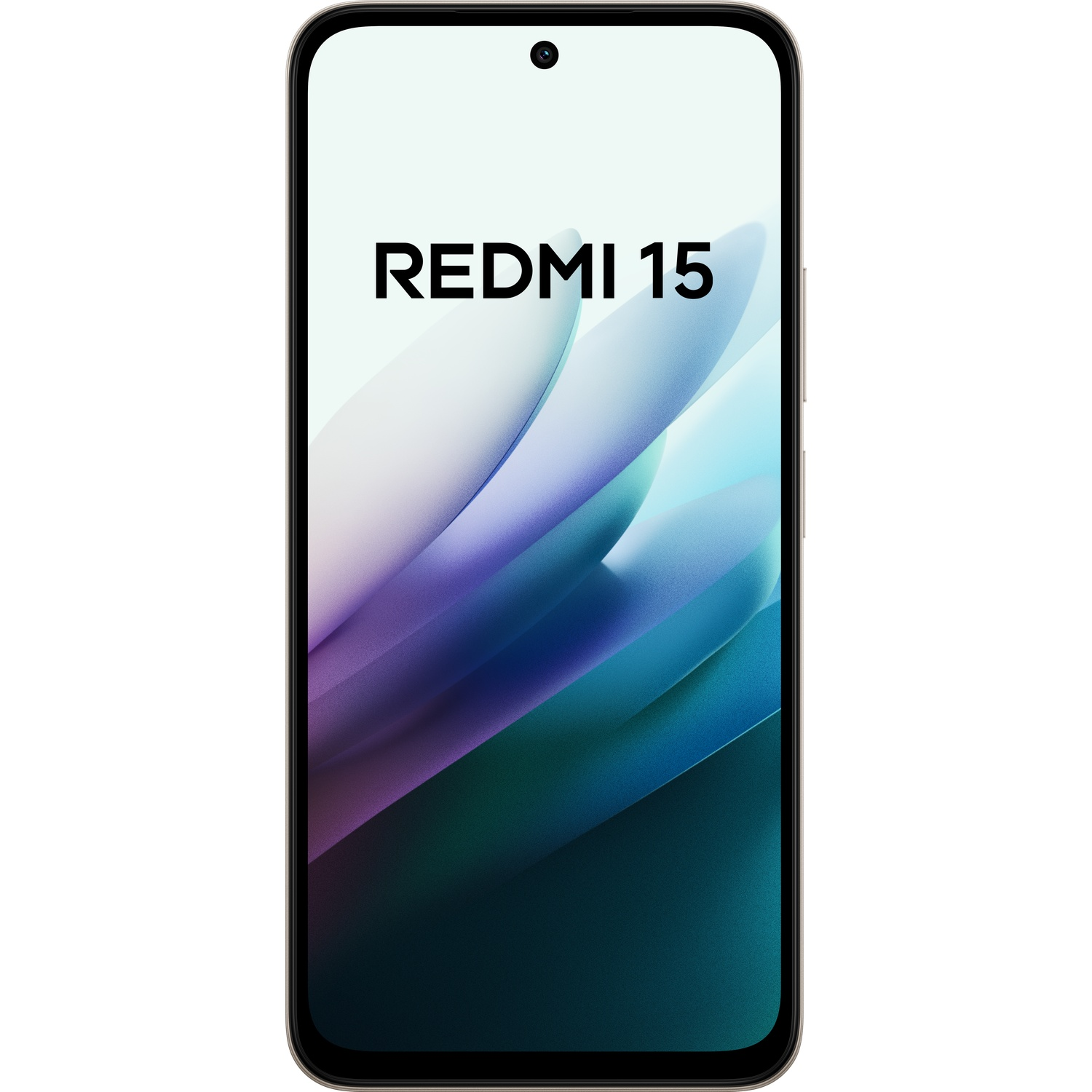 Een zilveren smartphone met de tekst REDMI 15 op het scherm.