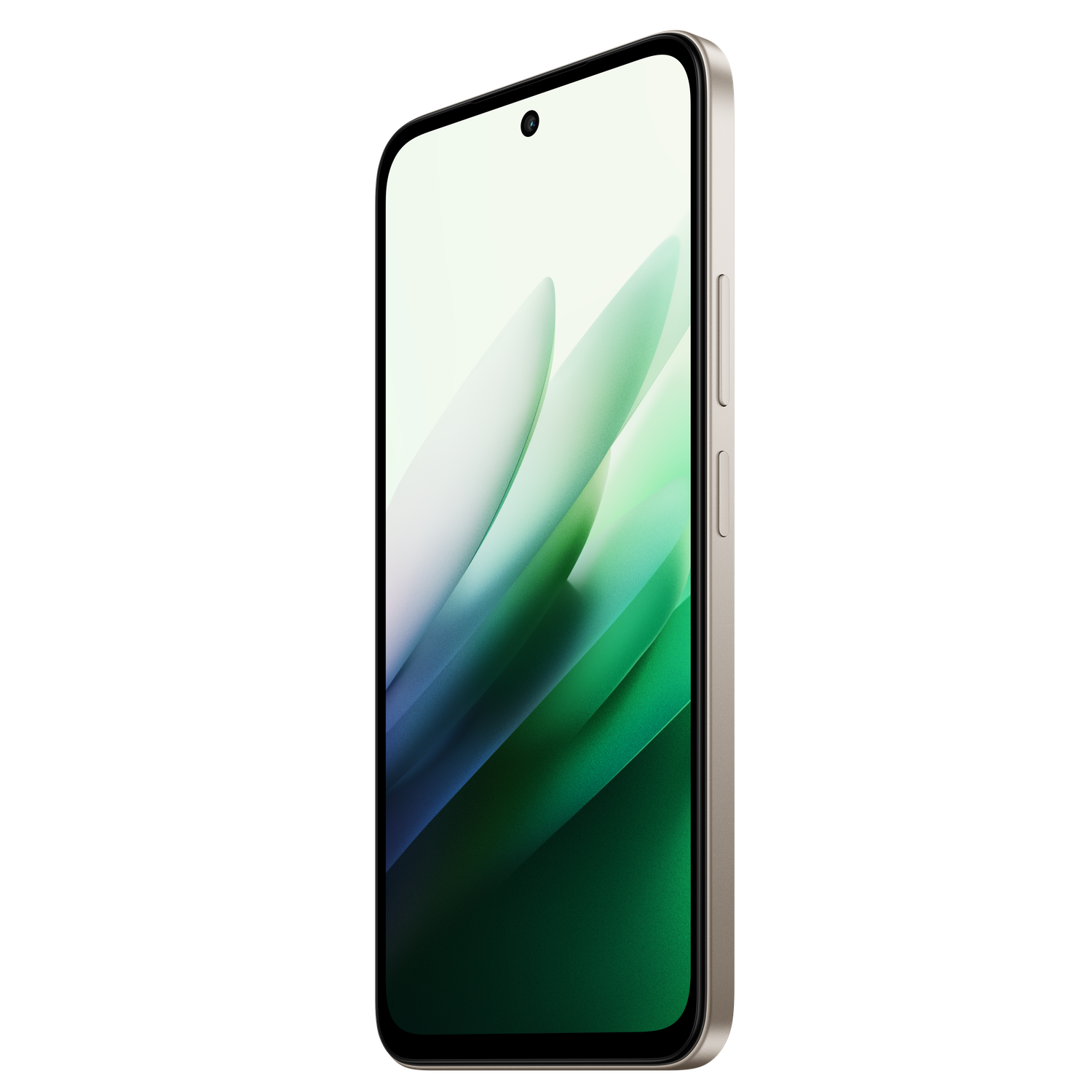 A smartphone with a green and white gradient screen, a camera at the top, and a gold-colored frame, is displayed on a black background.