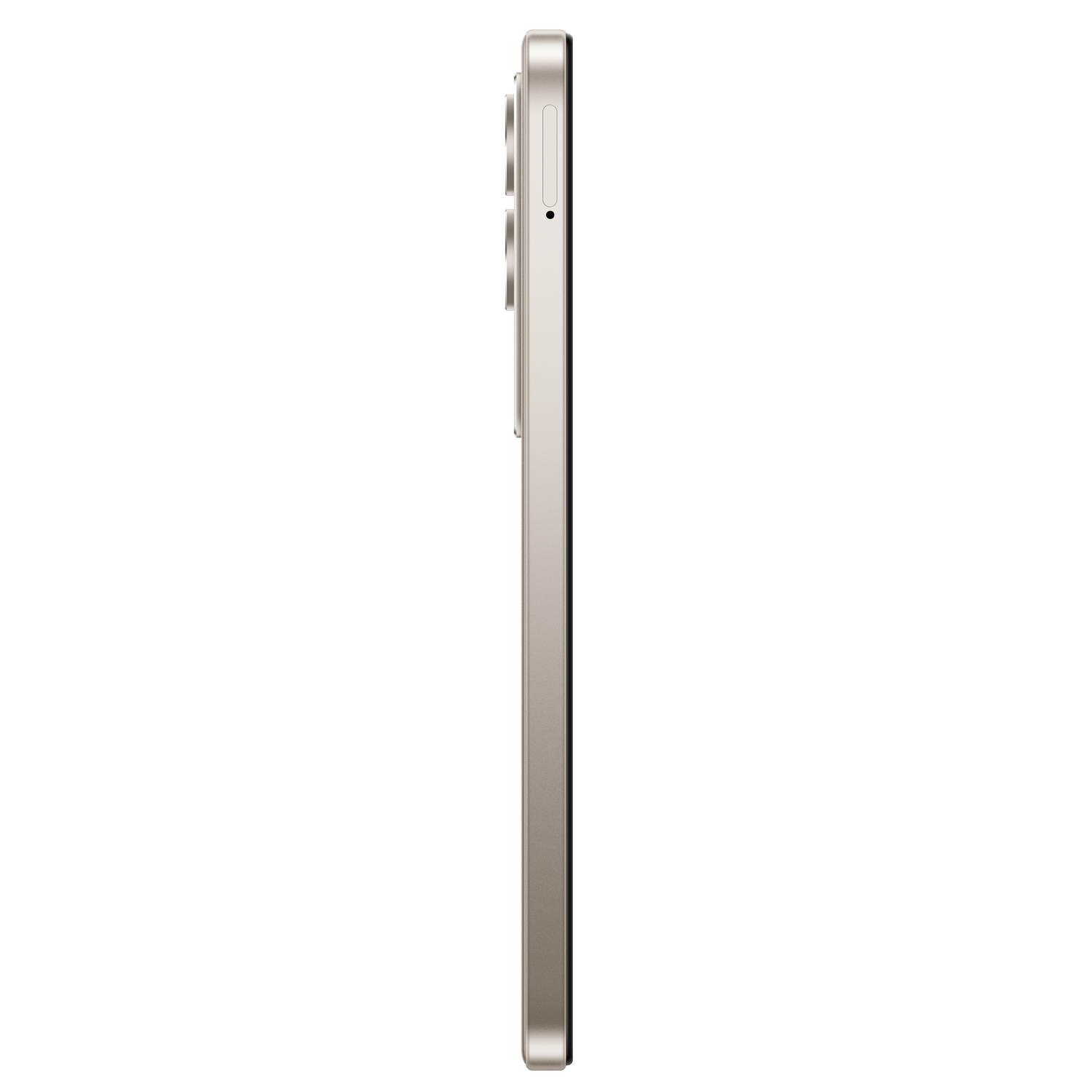 Side view of a beige smartphone. Visible are buttons, a sim card slot, and the side frame. Black background.