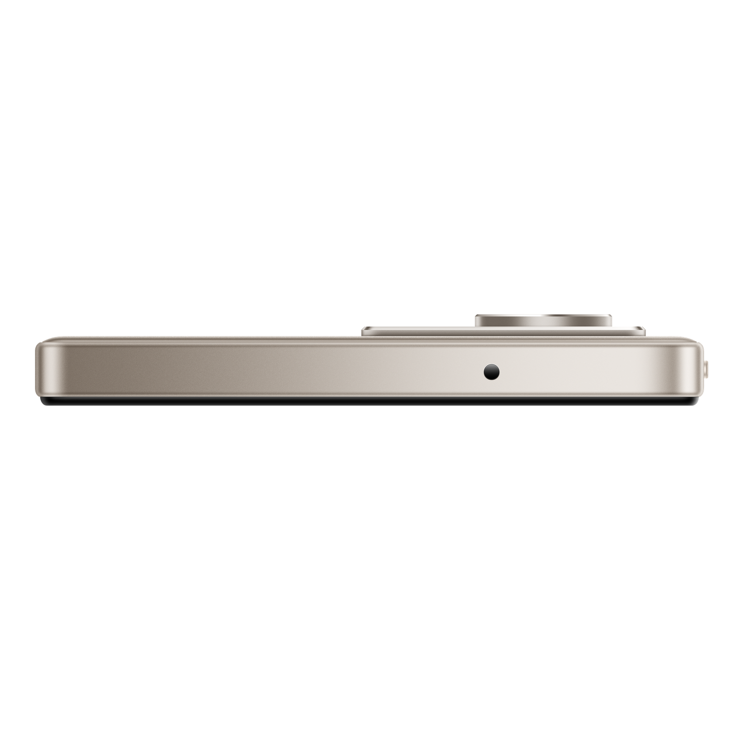 Side view of a smartphone. It is light gold with a circular camera module and a small black hole. The background is black.