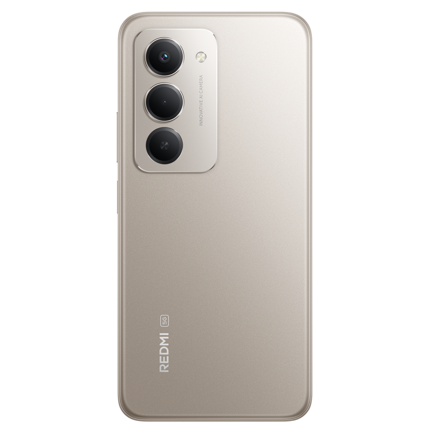 Beige smartphone back. Features three cameras, a flash, and the Redmi logo. 5G symbol is also present.