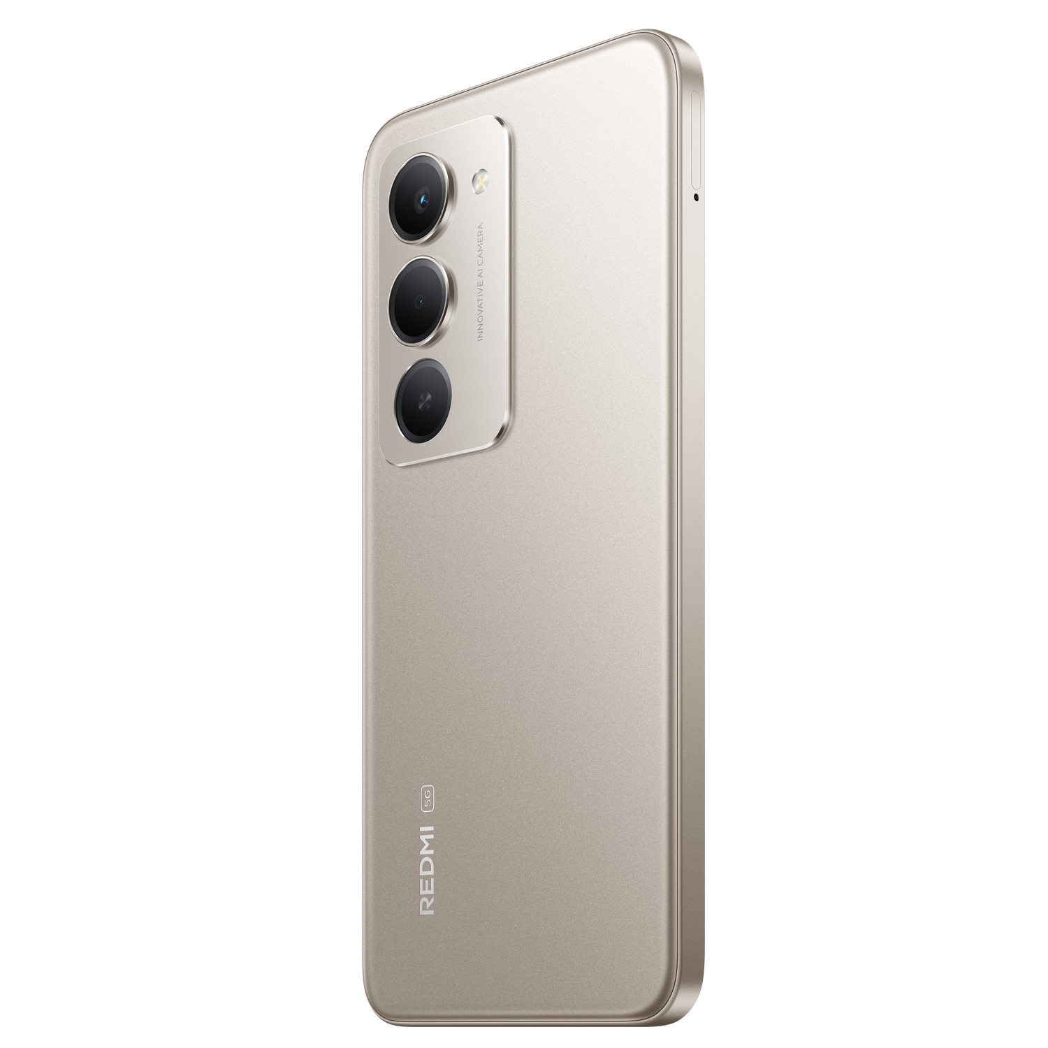 A gold smartphone with three cameras on the back. The phone has the Redmi logo and 5G symbol. Black background.