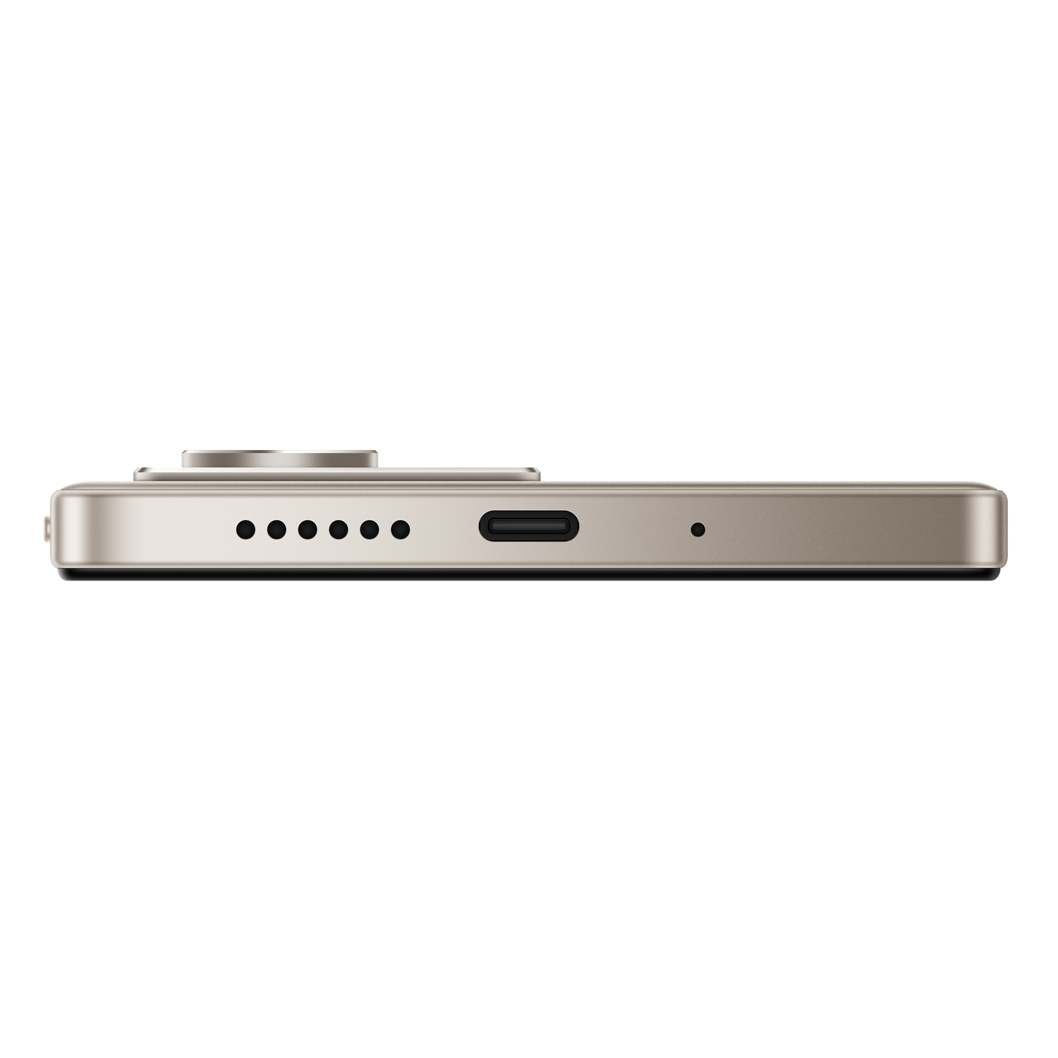 A side view of a beige smartphone, showing camera bump, speakers, charging port, and a microphone hole against a black background.