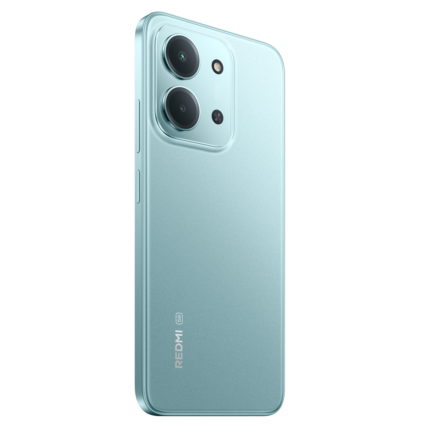 Een mintgroene smartphone op een zwarte achtergrond. Het heeft twee cameralenzen en het Redmi-logo aan de zijkant.