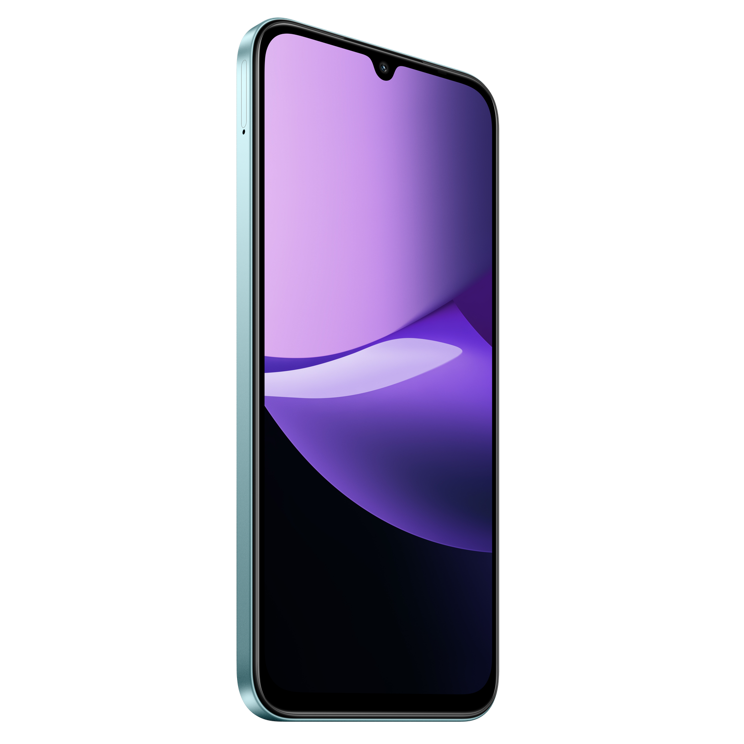 Een turquoise smartphone met een paars-verloop scherm. De telefoon staat schuin, met een zwarte achtergrond. Het scherm heeft een waterdruppel-inkeping.