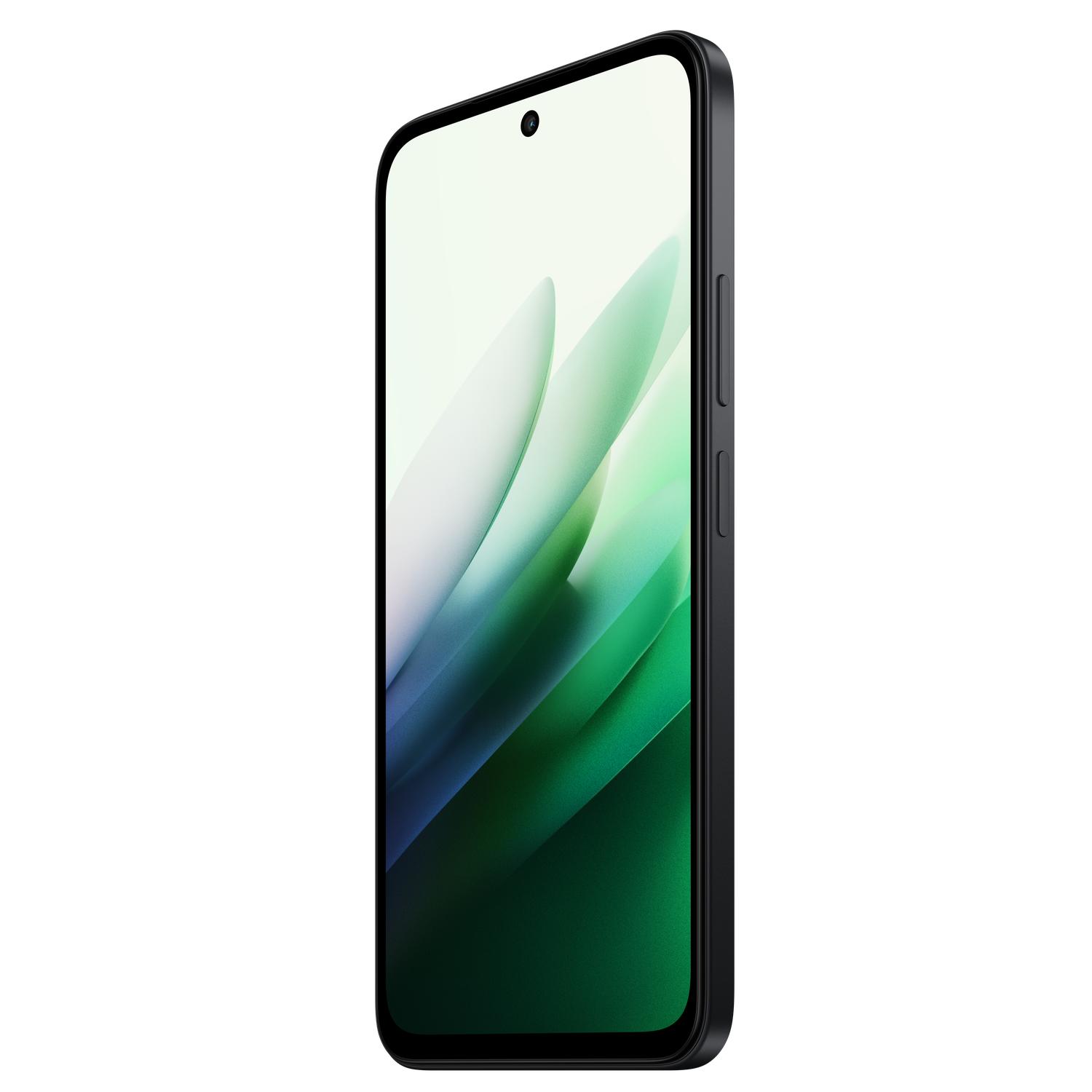 A smartphone with a black frame, angled to the side. The screen displays a green and white abstract design. Buttons are visible on the side.