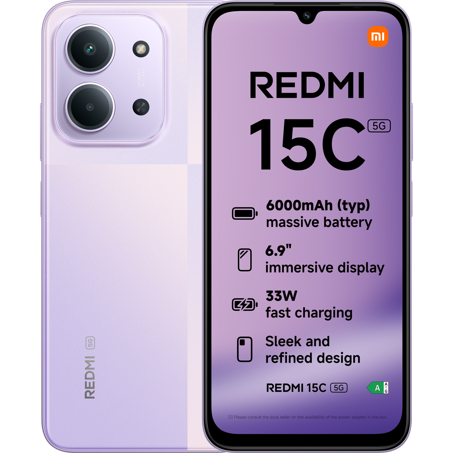Een paarse Redmi 15C 5G smartphone. Het scherm toont kenmerken: 6000mAh batterij, 6.9" scherm, 33W snelladen en een strak design.