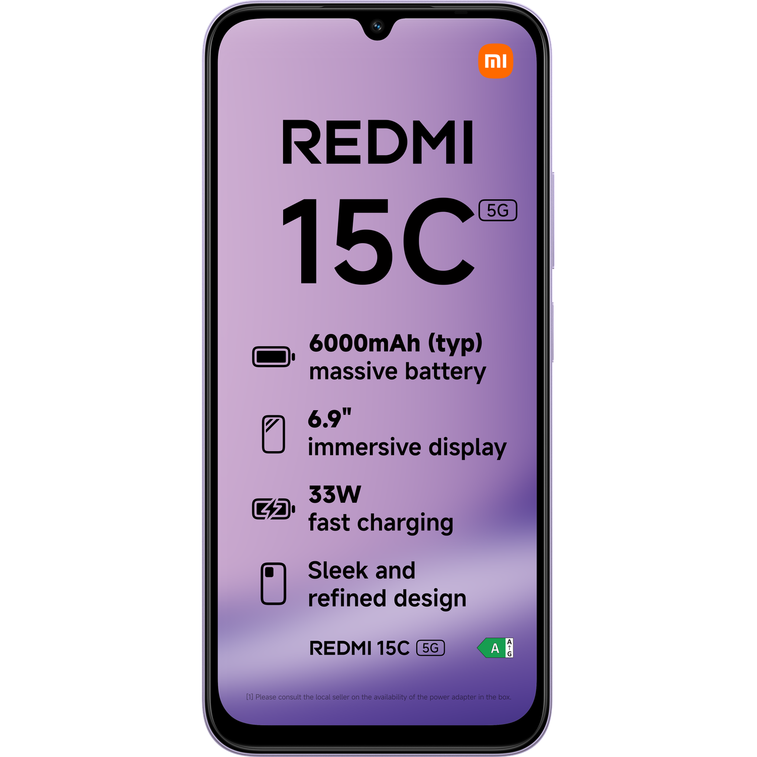Een paarse Redmi 15C 5G smartphone toont zijn functies: 6000mAh batterij, 6.9" scherm, 33W snelladen en strak design.