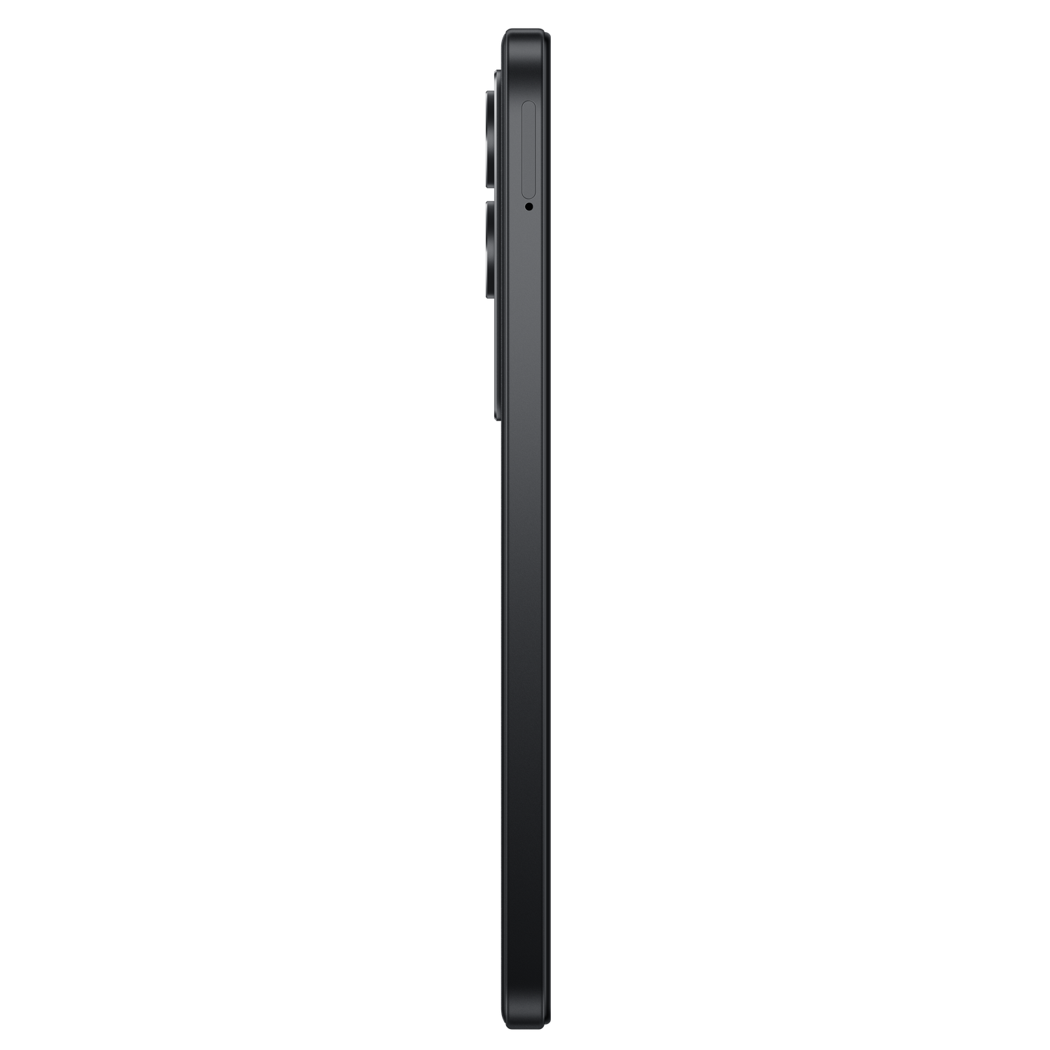 Side view of a black smartphone. The camera bump and buttons are visible on the left side, with a black background.