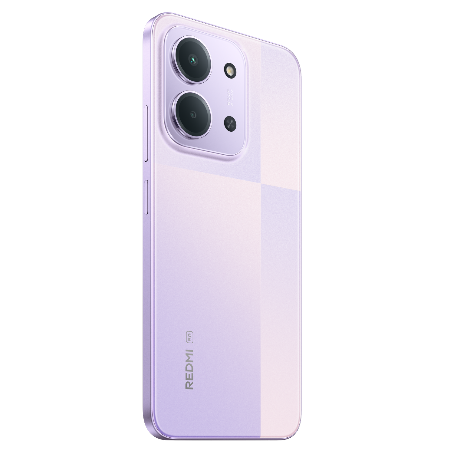 Een lavendelkleurige Redmi 5G-telefoon wordt getoond. Het heeft een dubbele camera-opstelling en een dambordpatroon op de achterkant. De achtergrond is zwart.