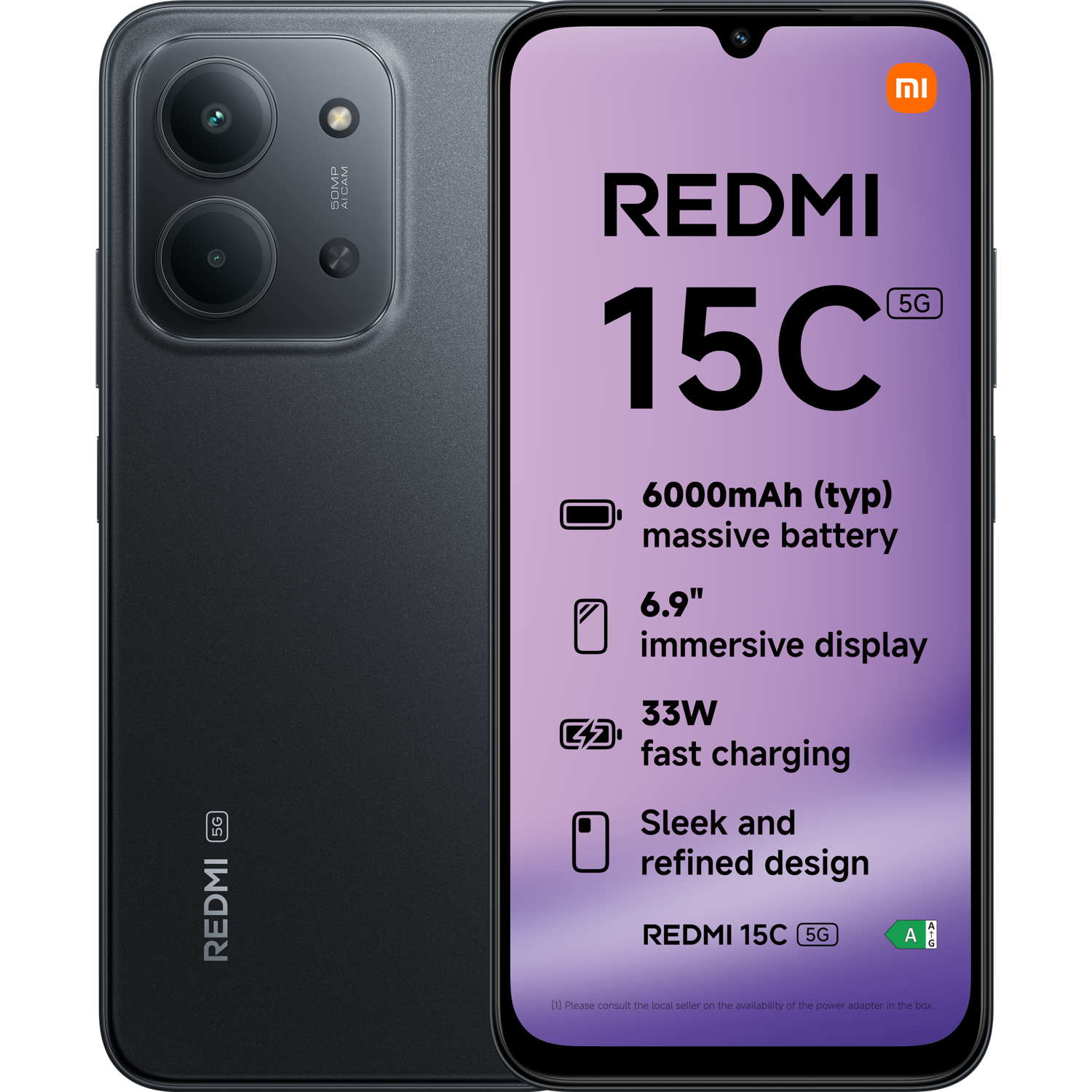 Een Redmi 15C 5G-smartphone wordt weergegeven. Het heeft een zwarte behuizing met drievoudige cameralenzen en een scherm met telefoonspecificaties.