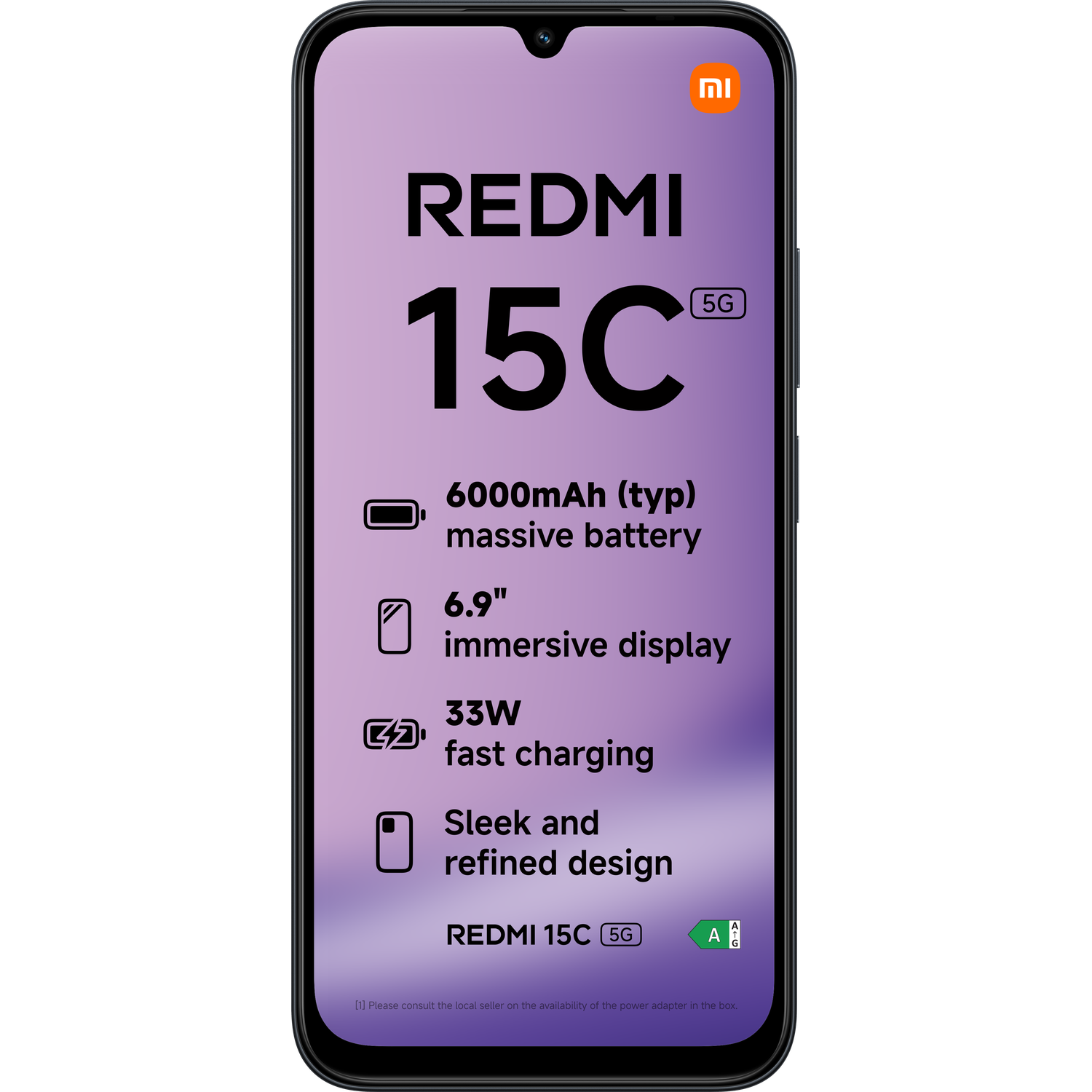 Redmi 15C 5G telefoon. Kenmerken: 6000mAh batterij, 6,9" scherm, 33W snel opladen en elegant design. Xiaomi logo aanwezig.