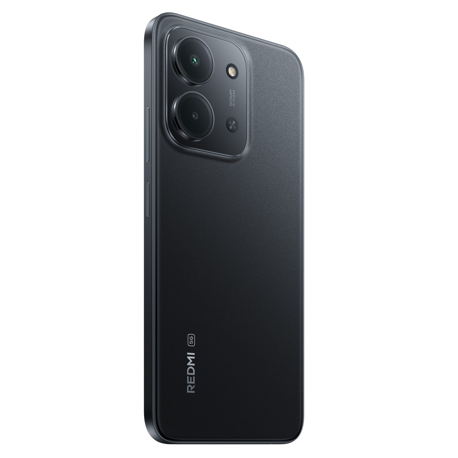 Een donkergrijze Redmi-smartphone met een dubbele camera en 5G-logo. De achtergrond is zwart.