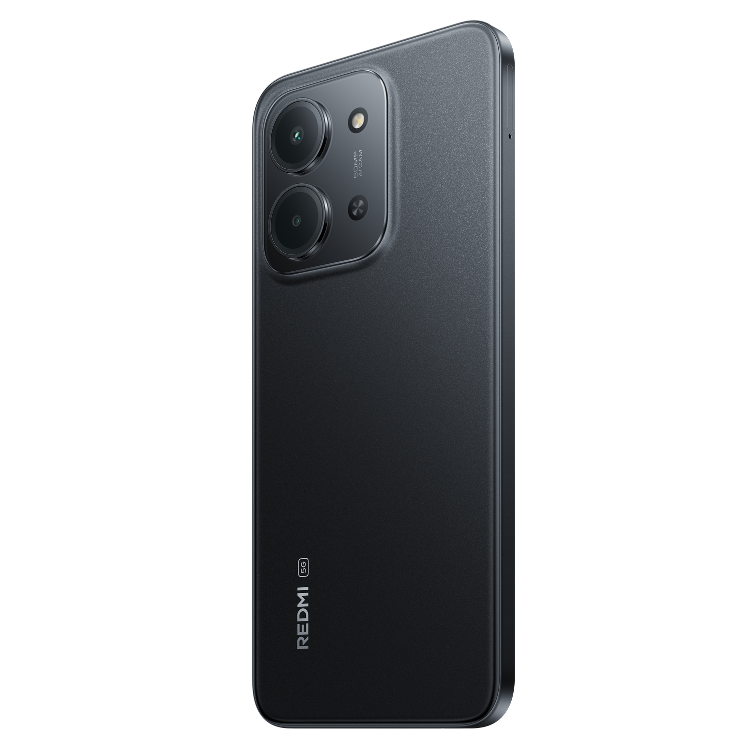 Een donkergrijze Redmi 5G-smartphone. Het heeft een dubbele camera-opstelling en het Redmi-logo op een zwarte achtergrond.
