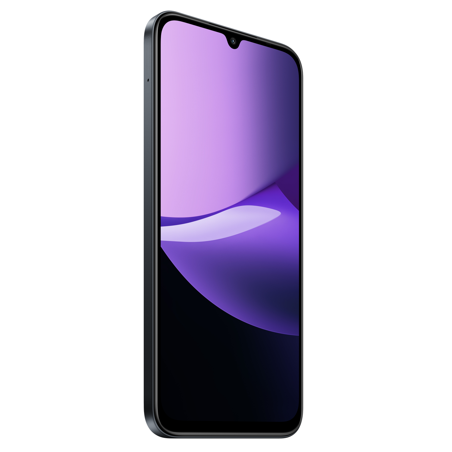 Een smartphone met een paars verloop scherm, zwart frame en zwarte achtergrond.