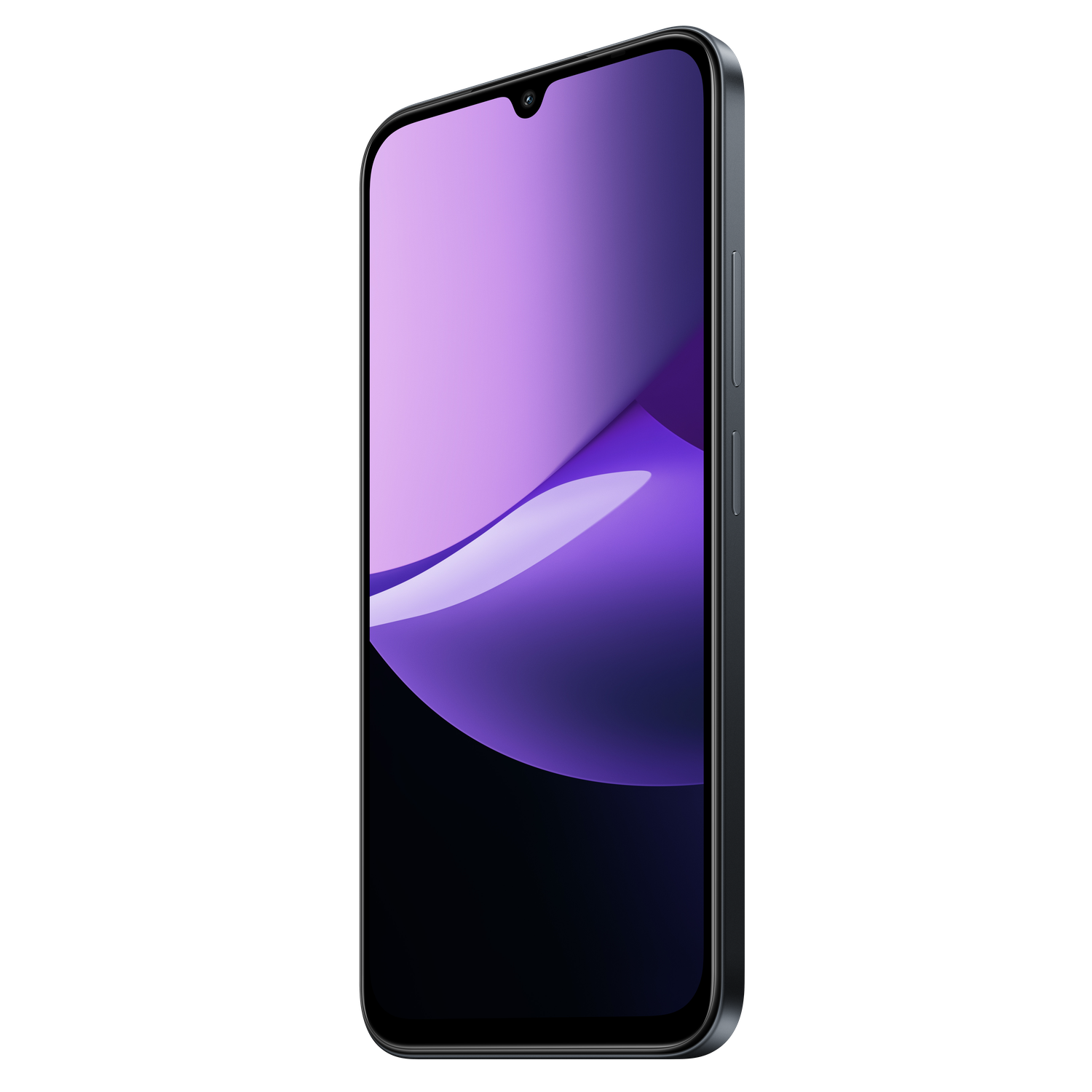 Een moderne smartphone met een paars scherm. Het heeft een zwart frame en knoppen aan de zijkant, tegen een zwarte achtergrond.