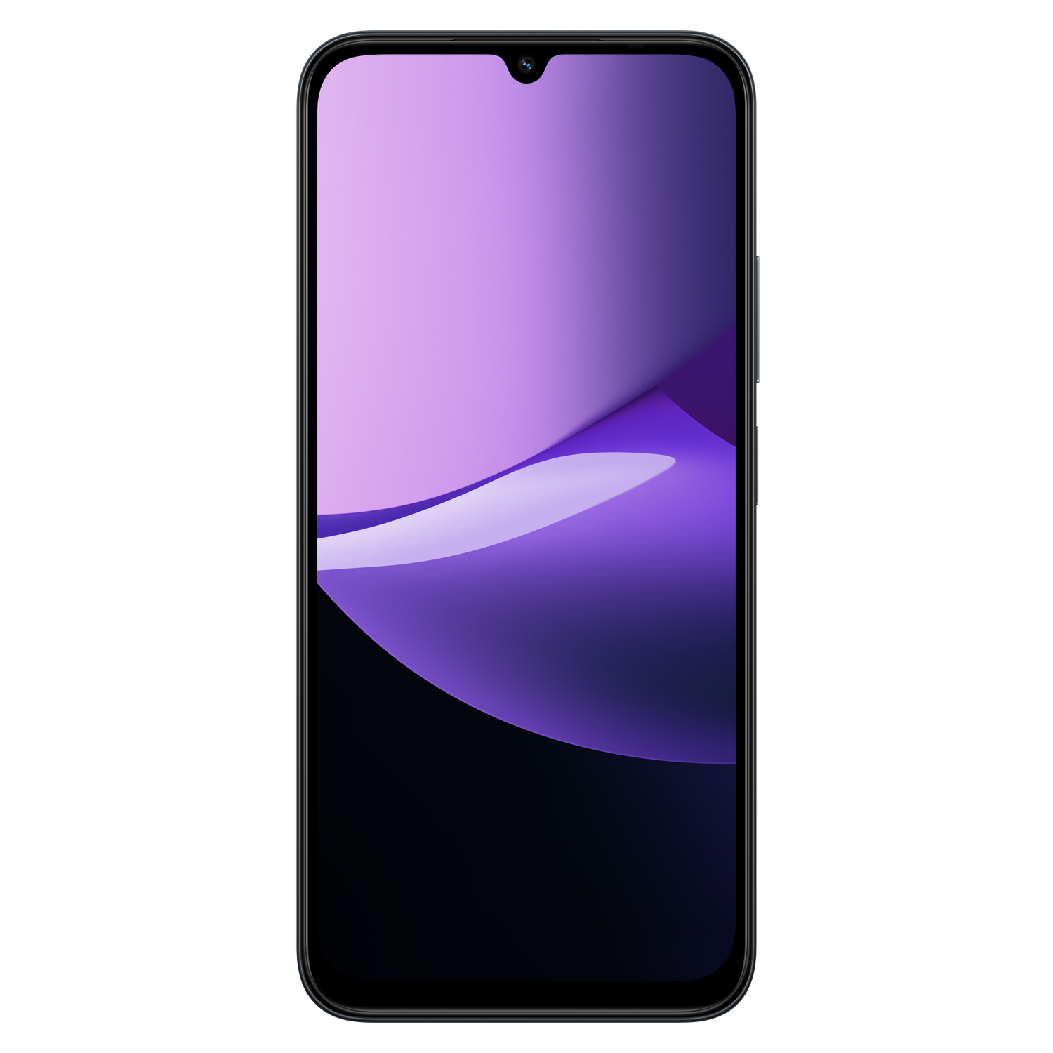 Een smartphone met een paarse gradiëntscherm. De achtergrond is zwart. Het scherm toont een golfachtig ontwerp.