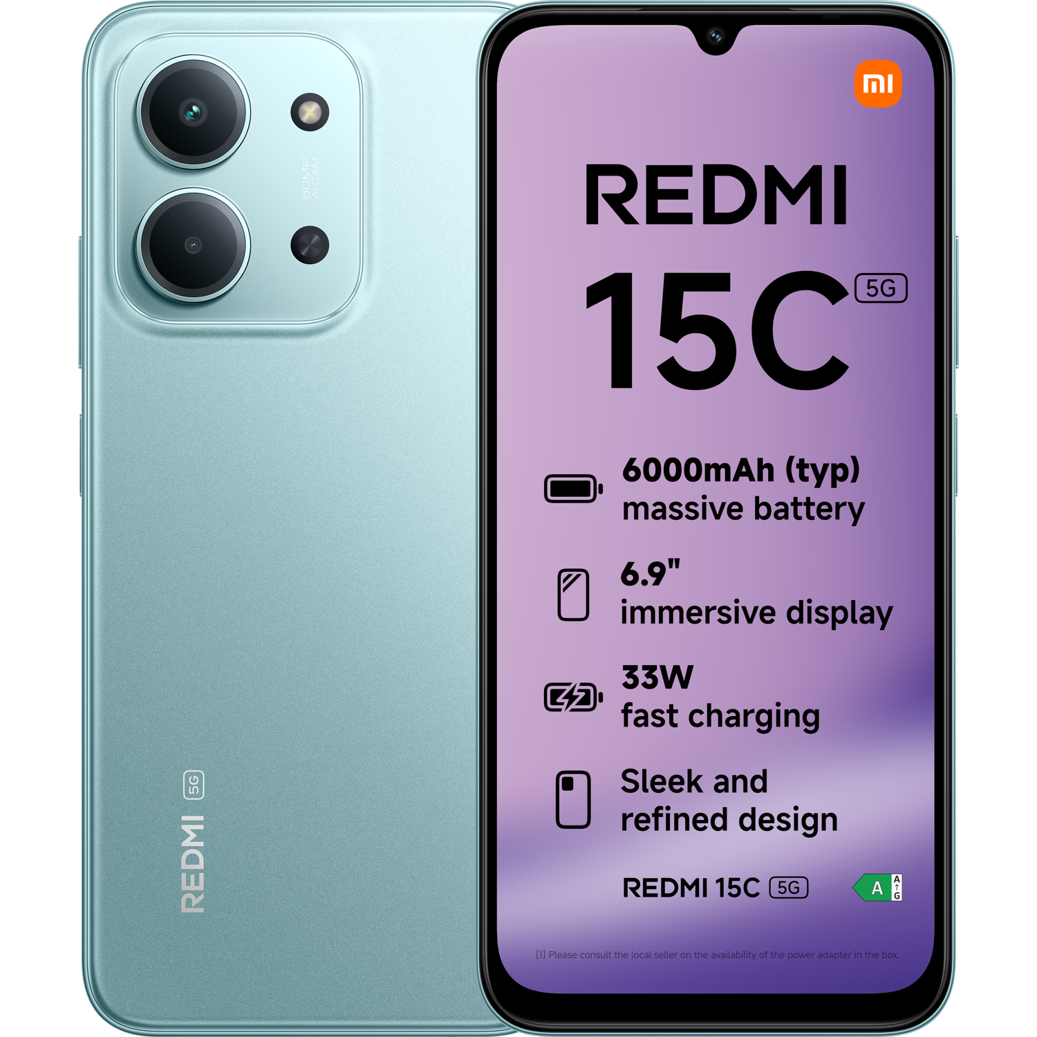 Een turquoise Redmi 15C 5G-telefoon toont zijn functies: grote batterij, meeslepend display, snel opladen en strak design. Een camera-opstelling is zichtbaar.