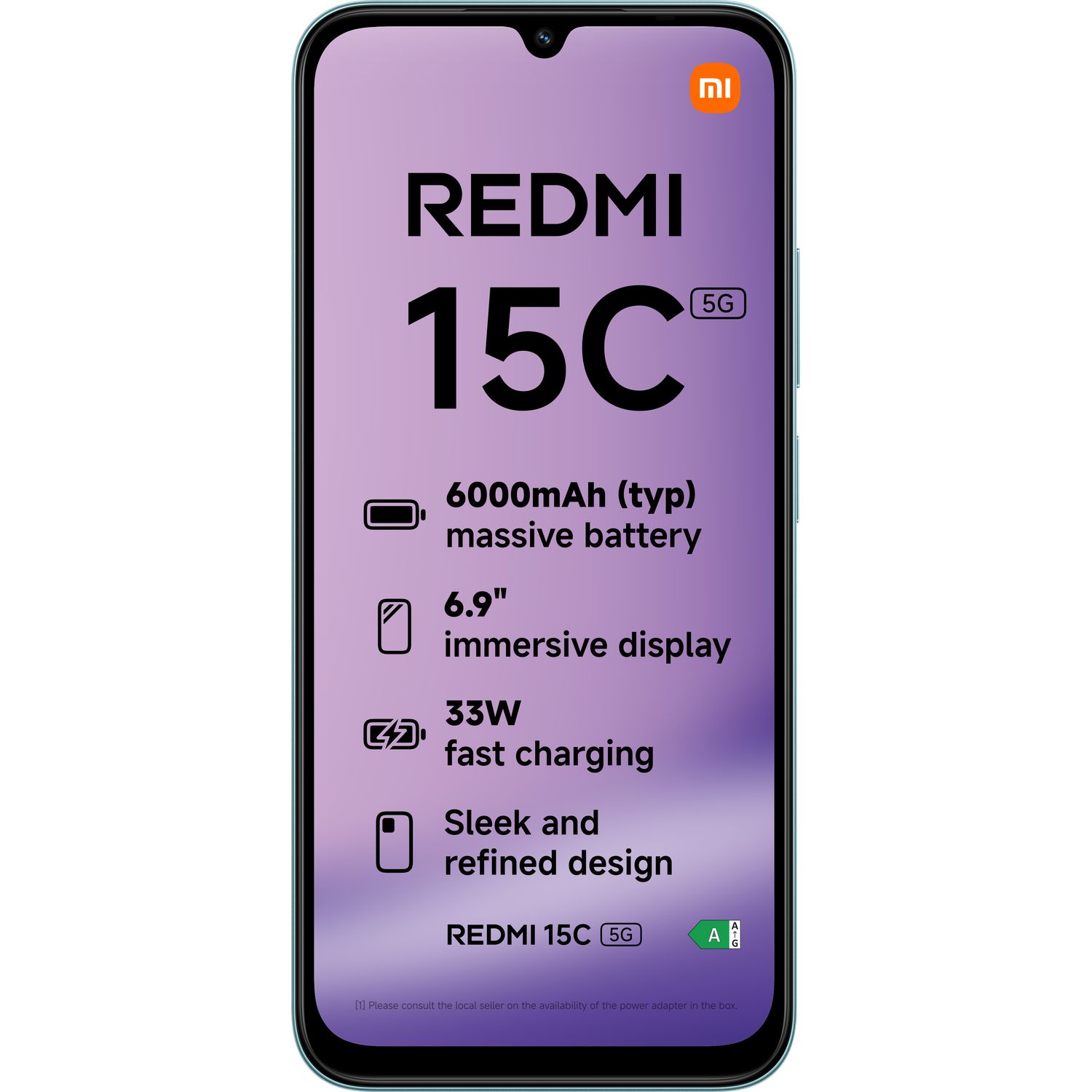 Een scherm van een Redmi 15C 5G-smartphone toont functies: 6000mAh batterij, 6,9" scherm, 33W snel opladen en een strak design.