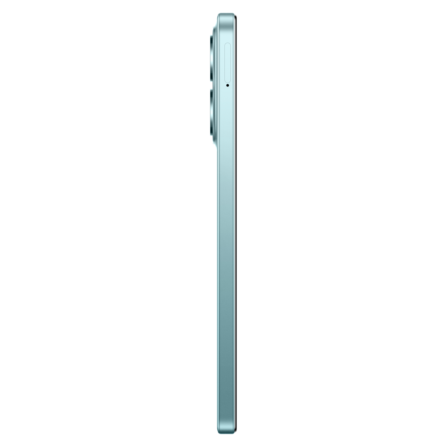 Zijaanzicht van een lichtgroene smartphone. De telefoon staat verticaal en toont de zijkant met knoppen en cameralenzen op een zwarte achtergrond.