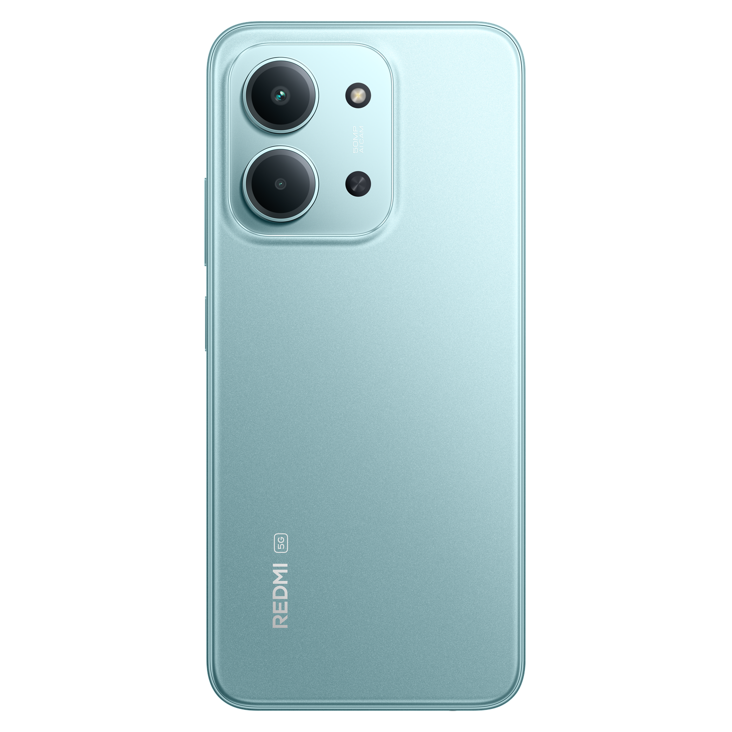 Achterkant van een lichtblauwe smartphone. Heeft dubbele cameralenzen en het 'REDMI 5G' logo. Achtergrond is zwart.