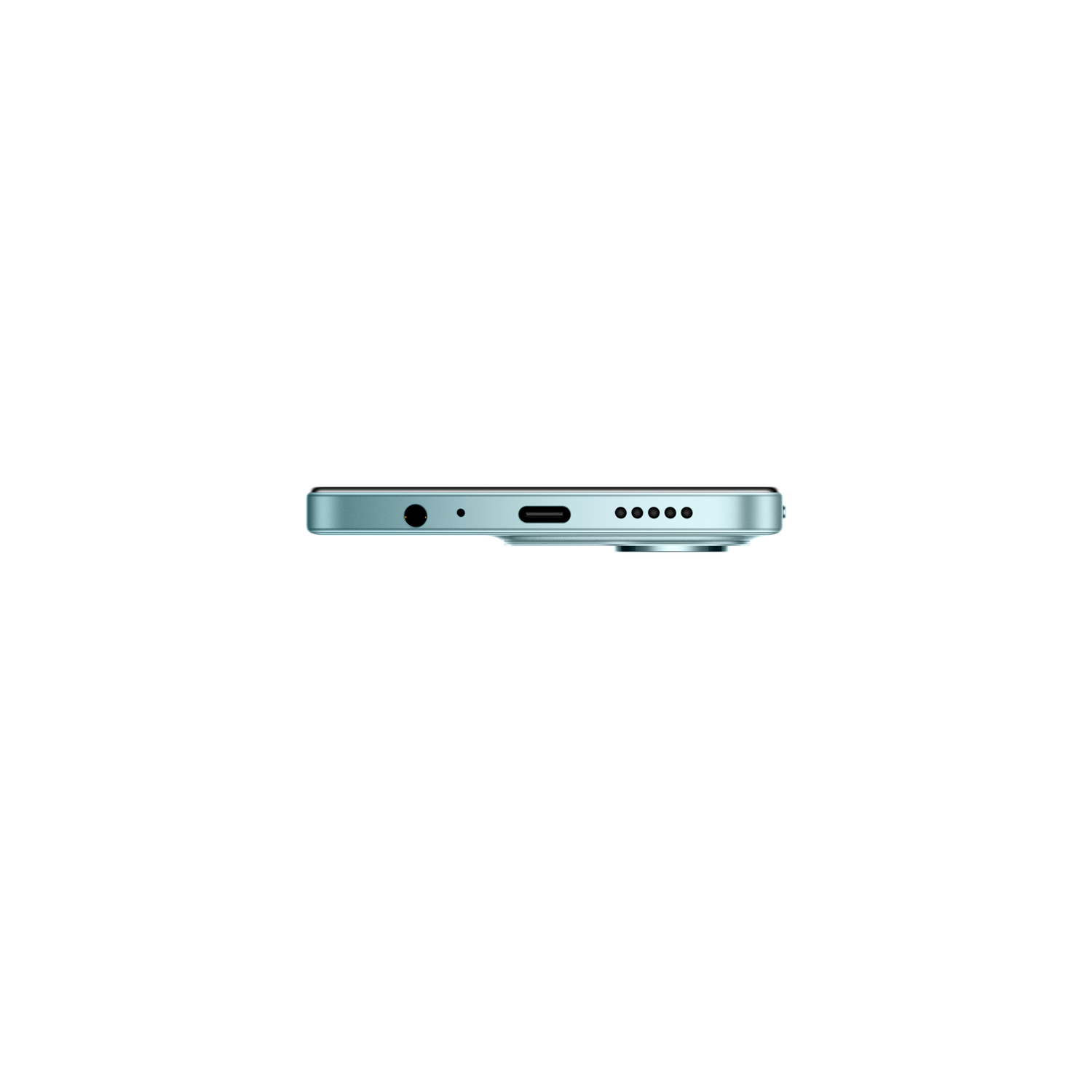 Onderkant van een lichtblauwe smartphone. Zichtbaar zijn een koptelefoonaansluiting, USB-C-poort en vijf camera/luidspreker gaten, alles tegen een zwarte achtergrond.