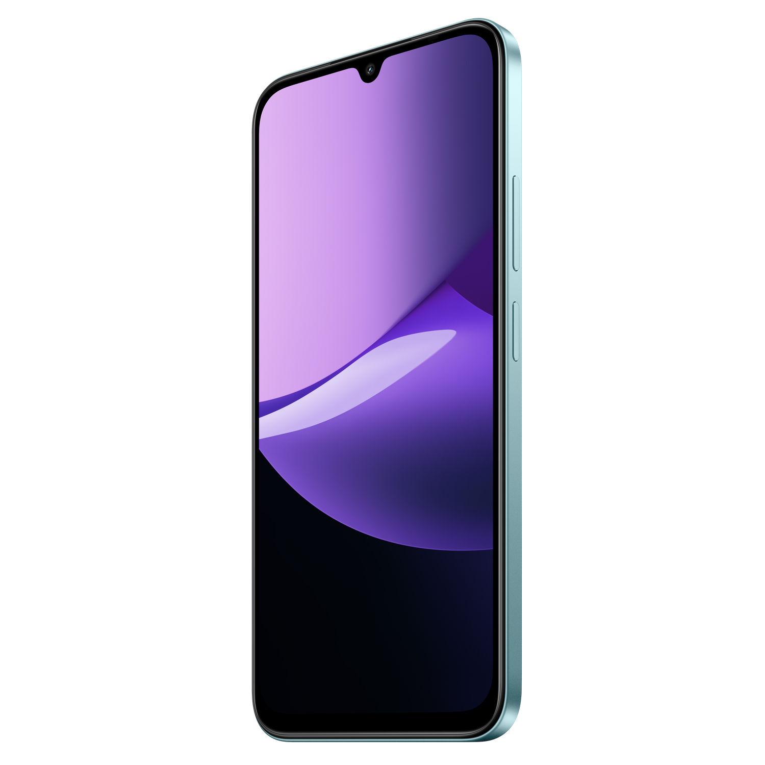 Een smartphone met een paars en zwart scherm. De telefoon heeft een blauwgroen frame, volumeknoppen en een druppelvormige inkeping.