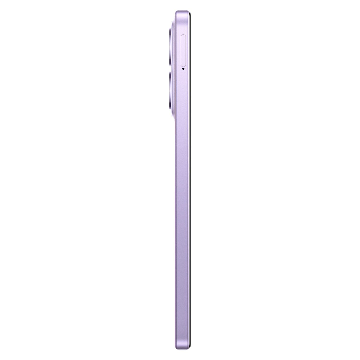 Zijaanzicht van een paarse smartphone. De telefoon staat verticaal tegen een zwarte achtergrond. Camera en knoppen zijn zichtbaar.