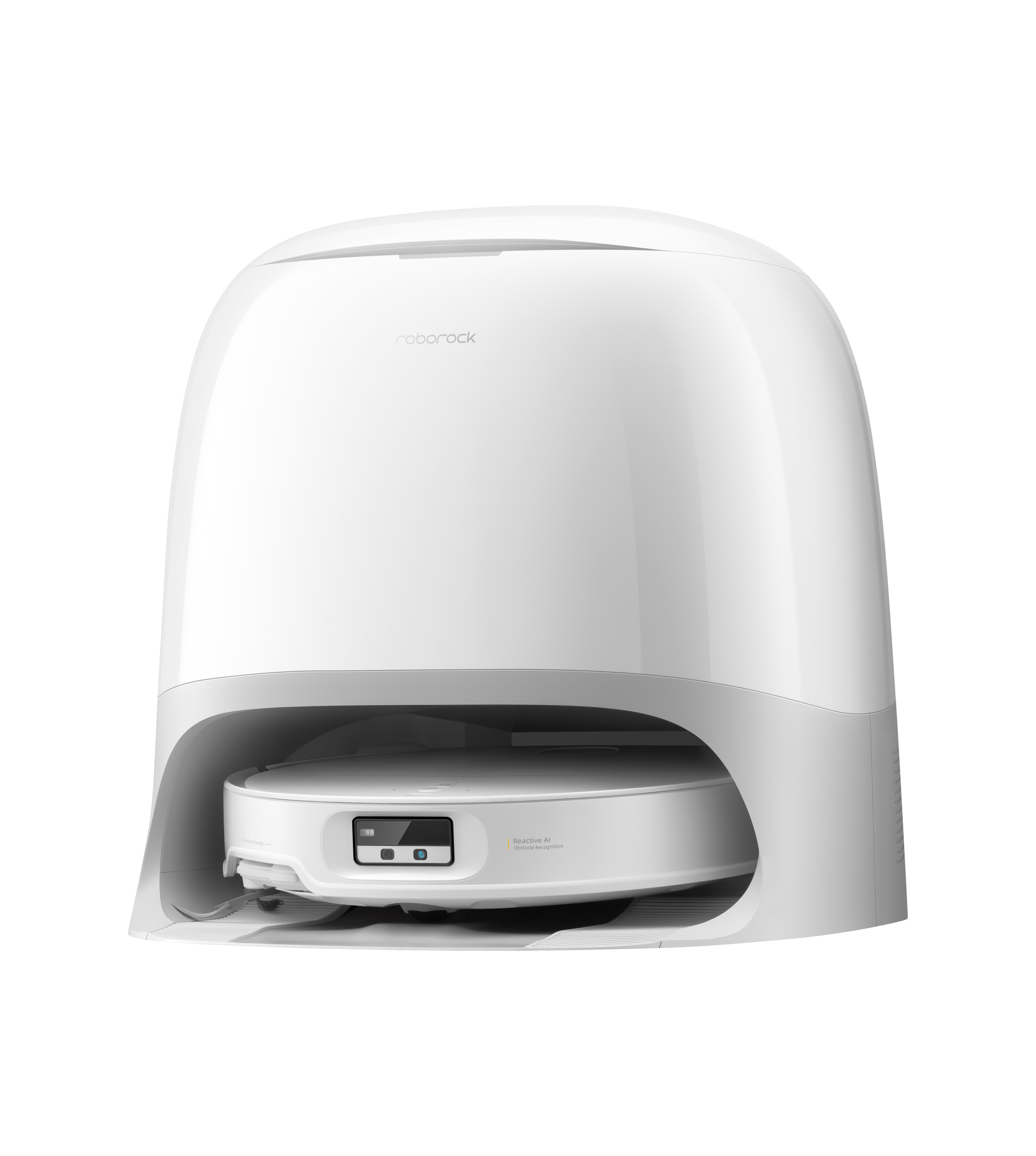 Ein weißer Roborock-Roboter-Staubsauger. Er hat eine abgerundete Oberseite und eine kreisförmige Basis.