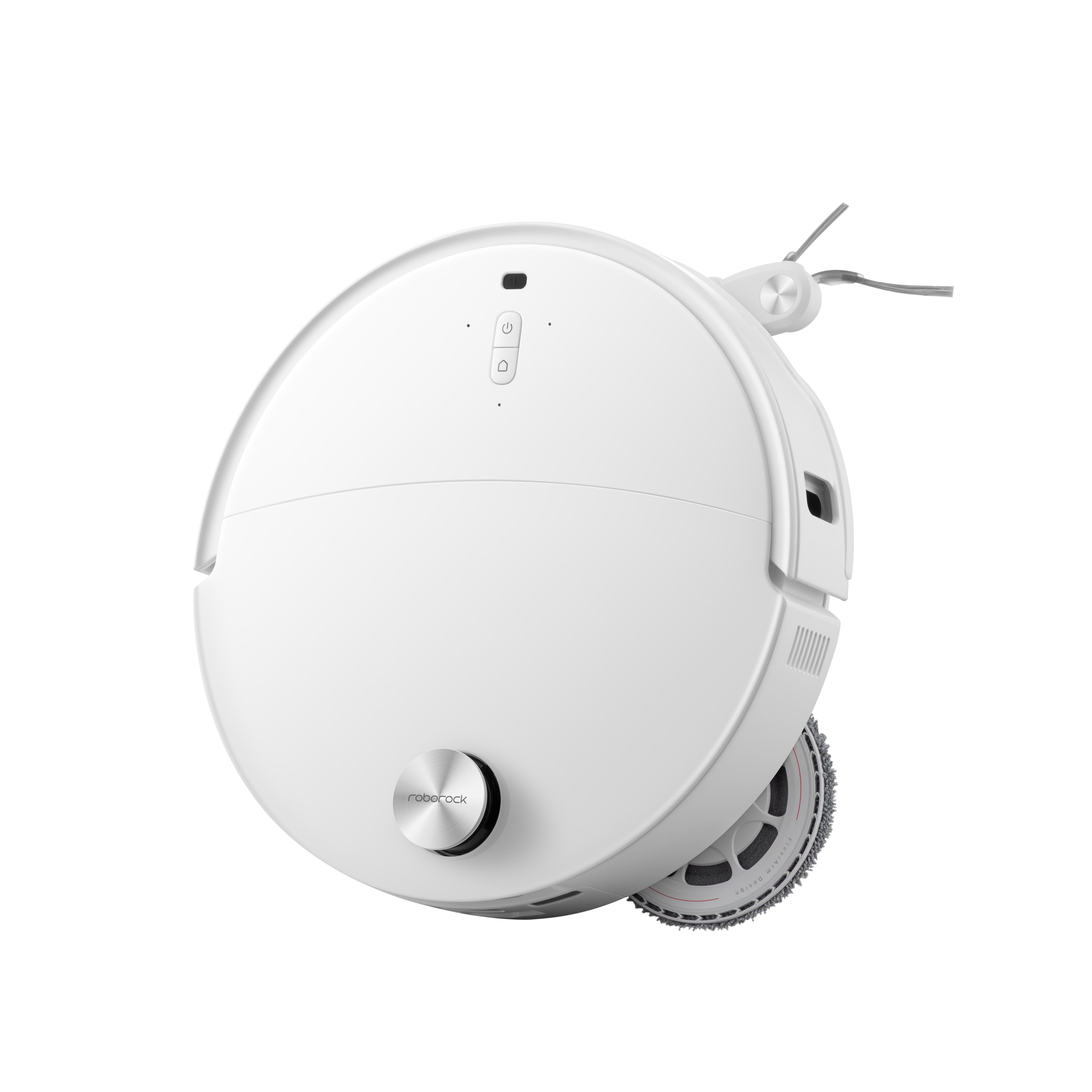 Ein weißer Roborock-Roboterstaubsauger. Er hat einen runden Körper mit silbernem Knopf. Die Bürste ist sichtbar.