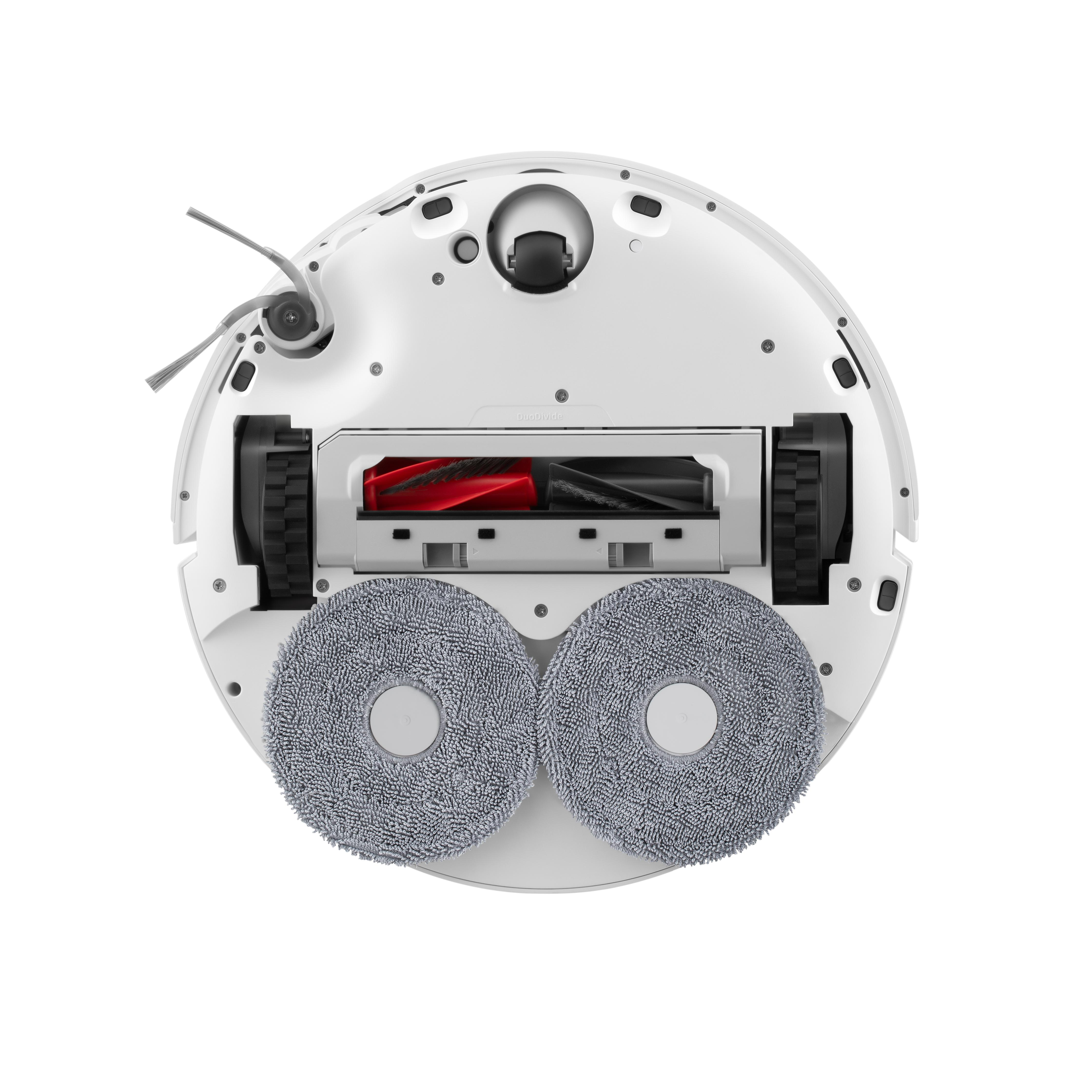 Roboter-Staubsauger von unten. Merkmale sind schwarze Räder, rote Bürste, graue Pads und eine Reinigungsbürste.