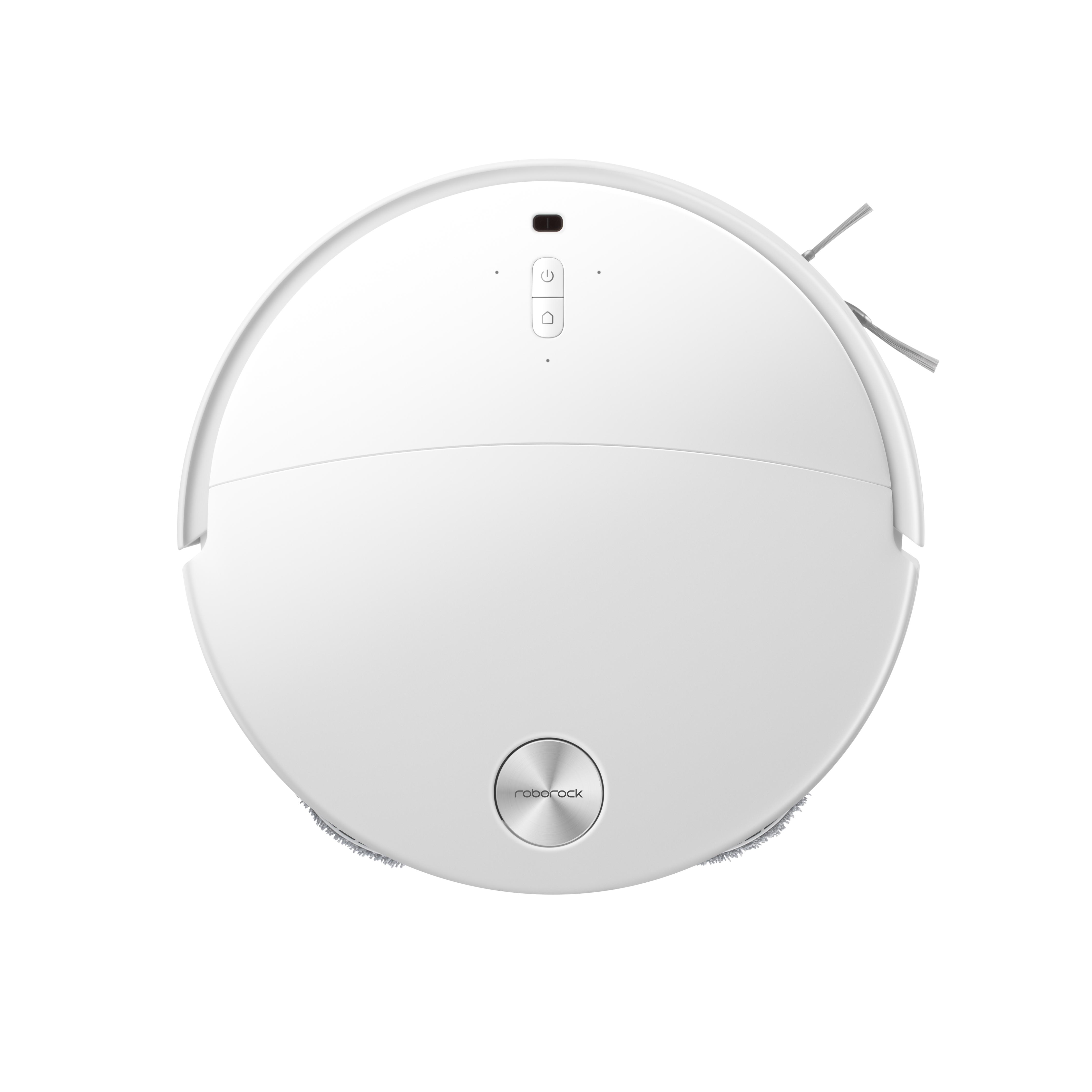 Ein weißer, kreisförmiger Roboter-Staubsauger. Er hat Knöpfe, einen Ladeanschluss und Bürsten. Der Markenname Roborock ist sichtbar.